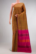Pure Silk Pure Zari Yellow, Pink and Green Color Kanjivaram Saree with Checked design on the body and Without Border.  displayed on a mannequin