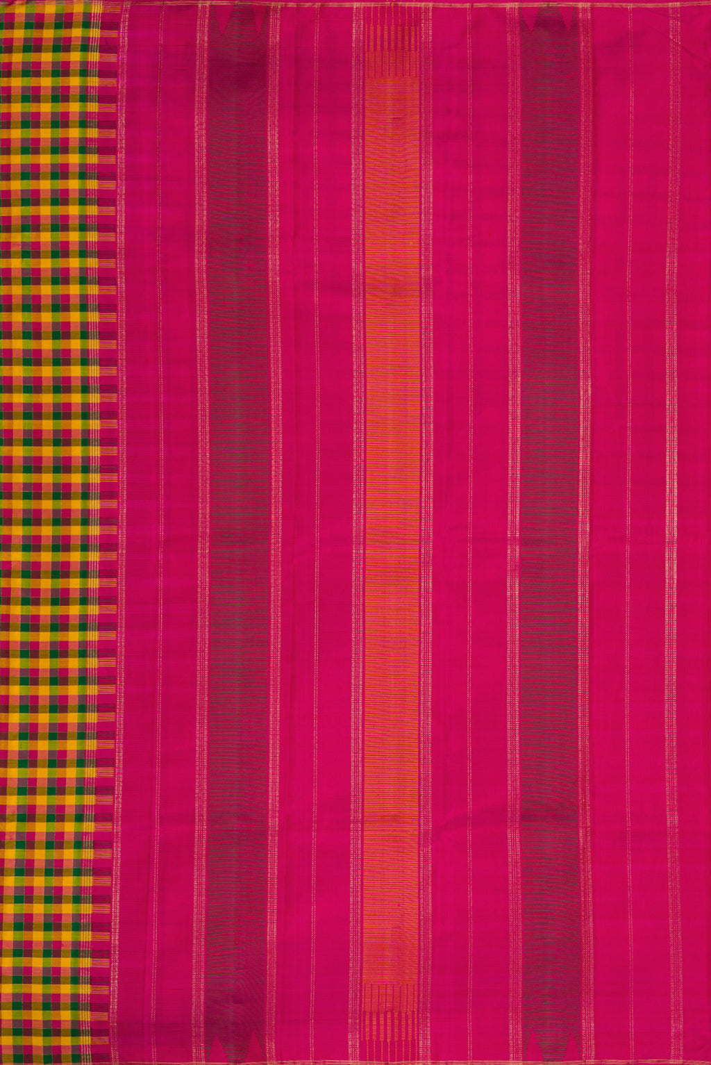 Close up image of the pallu of Pure Silk Pure Zari Yellow, Pink and Green Color Kanjivaram Saree with Checked design on the body and Without Border. 
