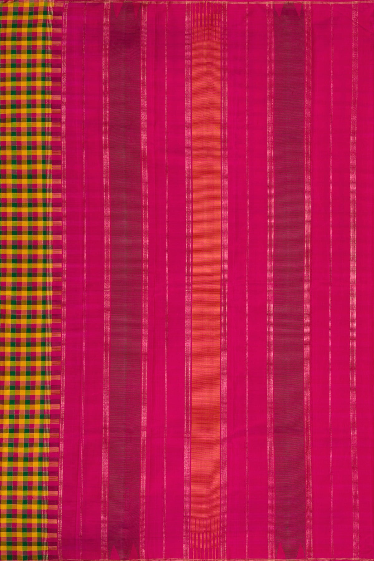 Close up image of the pallu of Pure Silk Pure Zari Yellow, Pink and Green Color Kanjivaram Saree with Checked design on the body and Without Border. 
