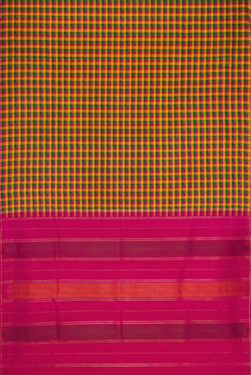 Flat view of Pure Silk Pure Zari Yellow, Pink and Green Color Kanjivaram Saree with Checked design on the body and Without Border. 