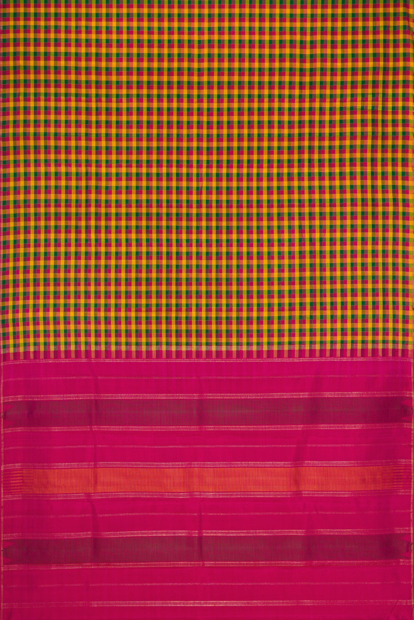 Flat view of Pure Silk Pure Zari Yellow, Pink and Green Color Kanjivaram Saree with Checked design on the body and Without Border. 