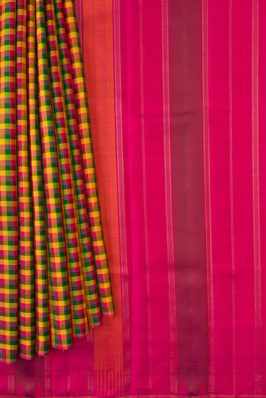 Pleats and pallu of Pure Silk Pure Zari Yellow, Pink and Green Color Kanjivaram Saree with Checked design on the body and Without Border. 