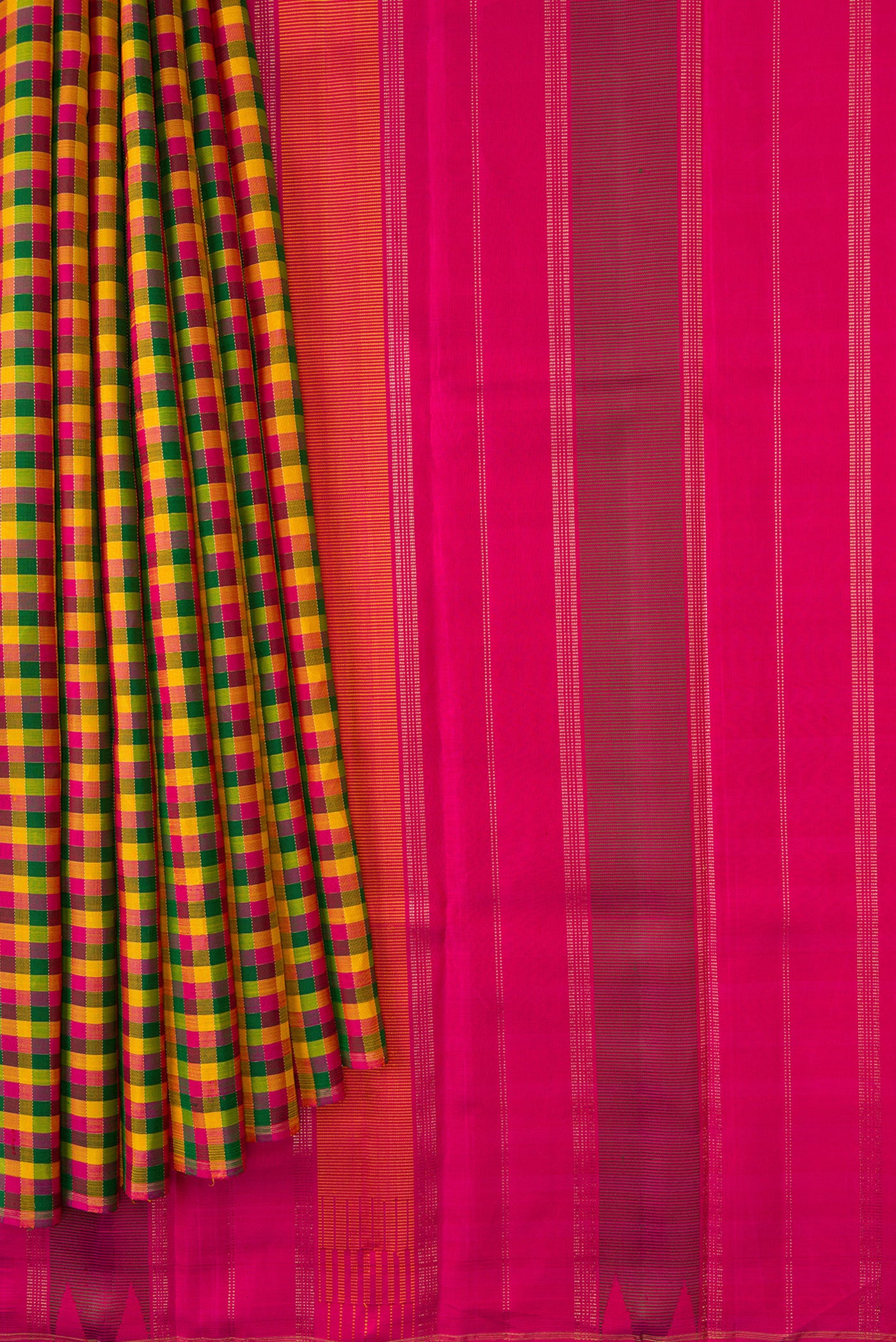 Pleats and pallu of Pure Silk Pure Zari Yellow, Pink and Green Color Kanjivaram Saree with Checked design on the body and Without Border. 