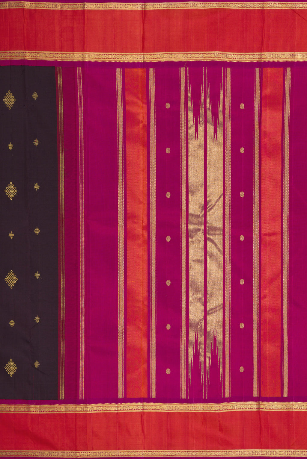Close up image of the pallu of Pure Silk Pure Zari Coffee Brown Dual Tone Kanjivaram Saree with Zari Butta on the body and Zari Border. 