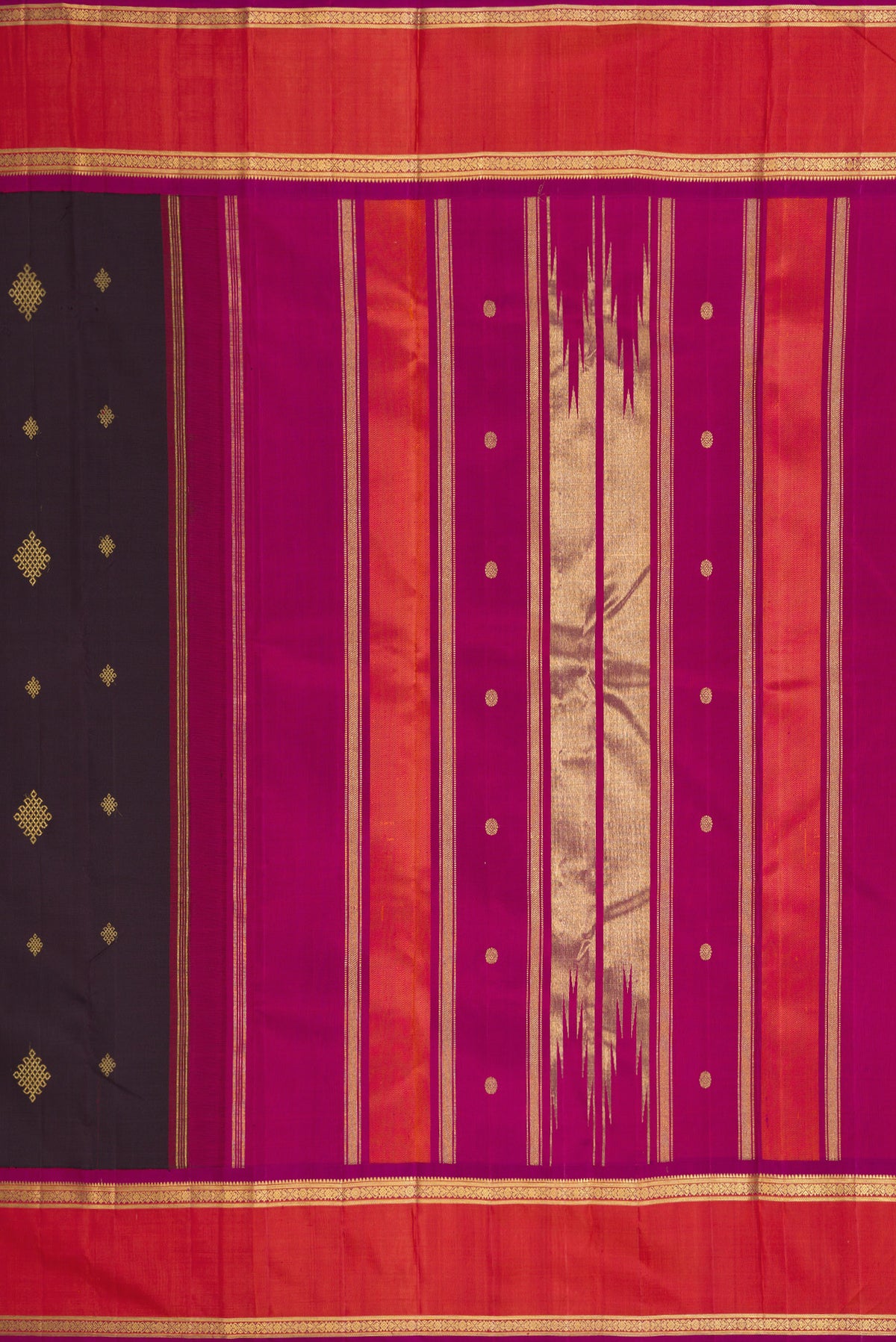 Close up image of the pallu of Pure Silk Pure Zari Coffee Brown Dual Tone Kanjivaram Saree with Zari Butta on the body and Zari Border. 