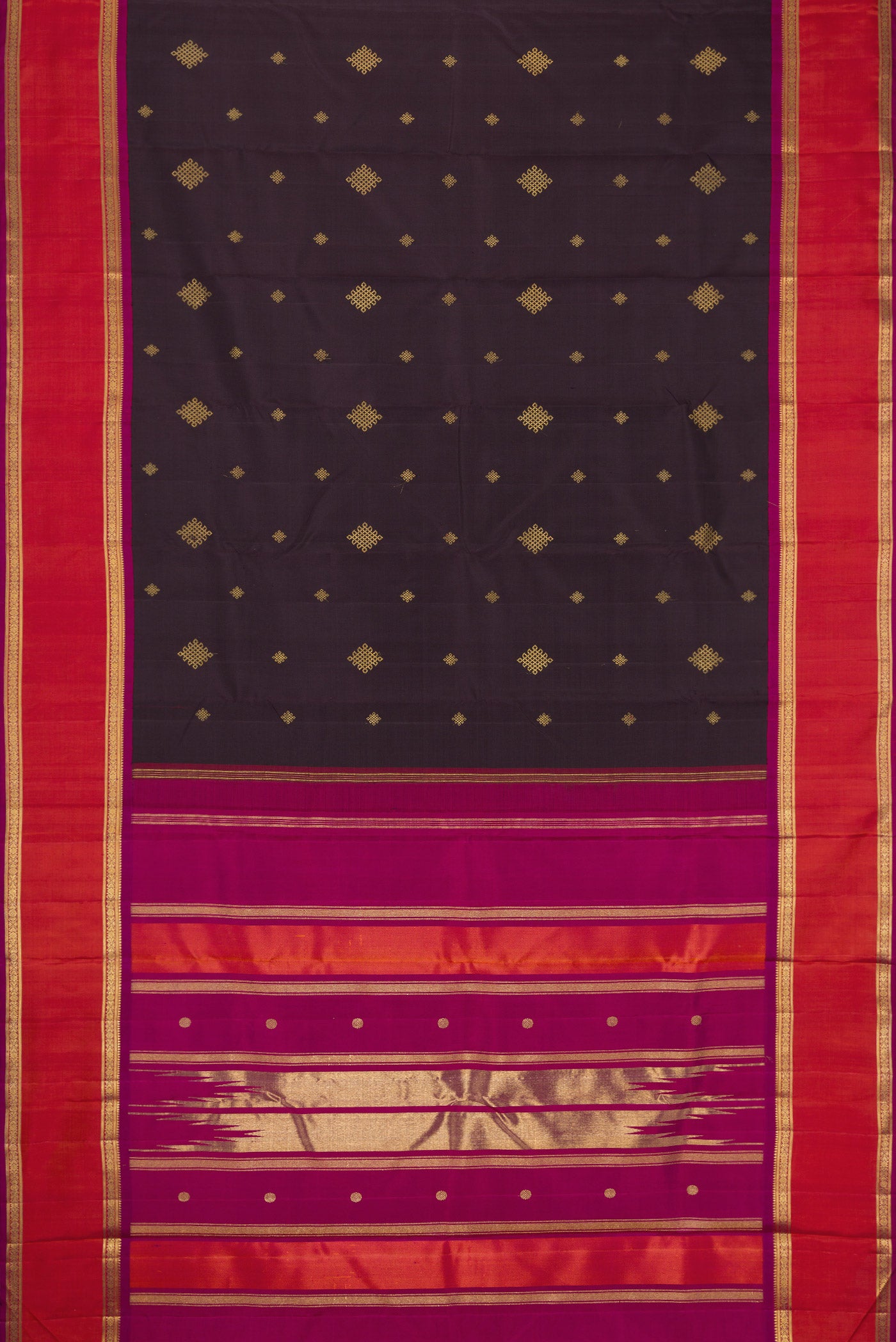 Flat view of Pure Silk Pure Zari Coffee Brown Dual Tone Kanjivaram Saree with Zari Butta on the body and Zari Border. 