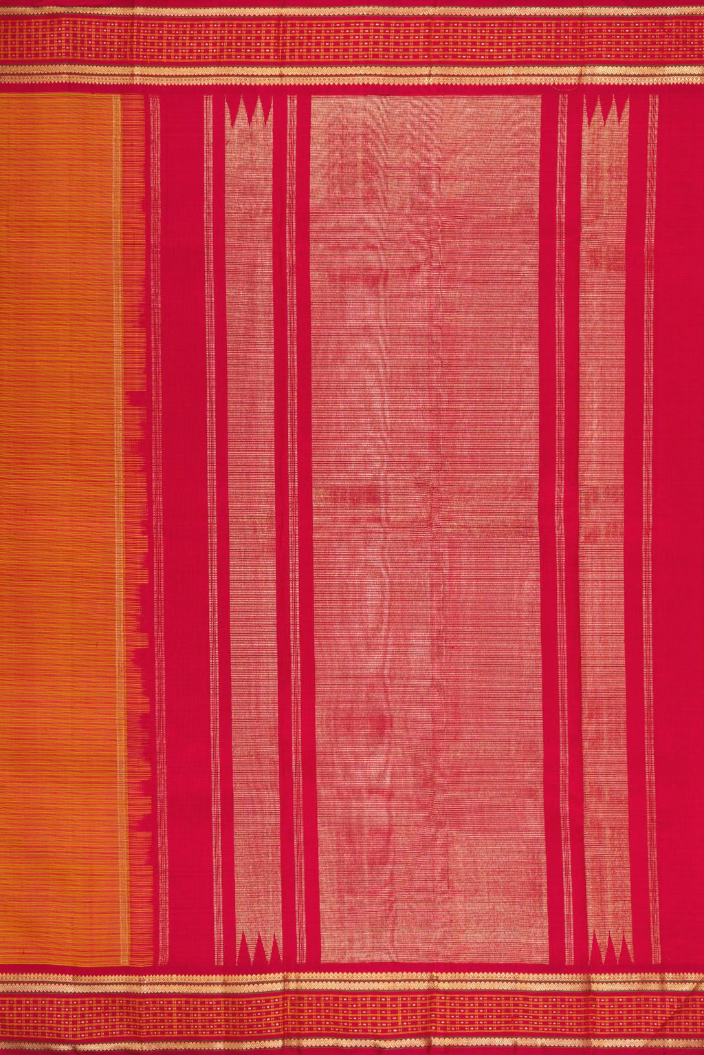 Close up image of the pallu of Pure Silk Pure Zari Mustard Kanjivaram Saree with Stripes on the body and Fancy Border. 