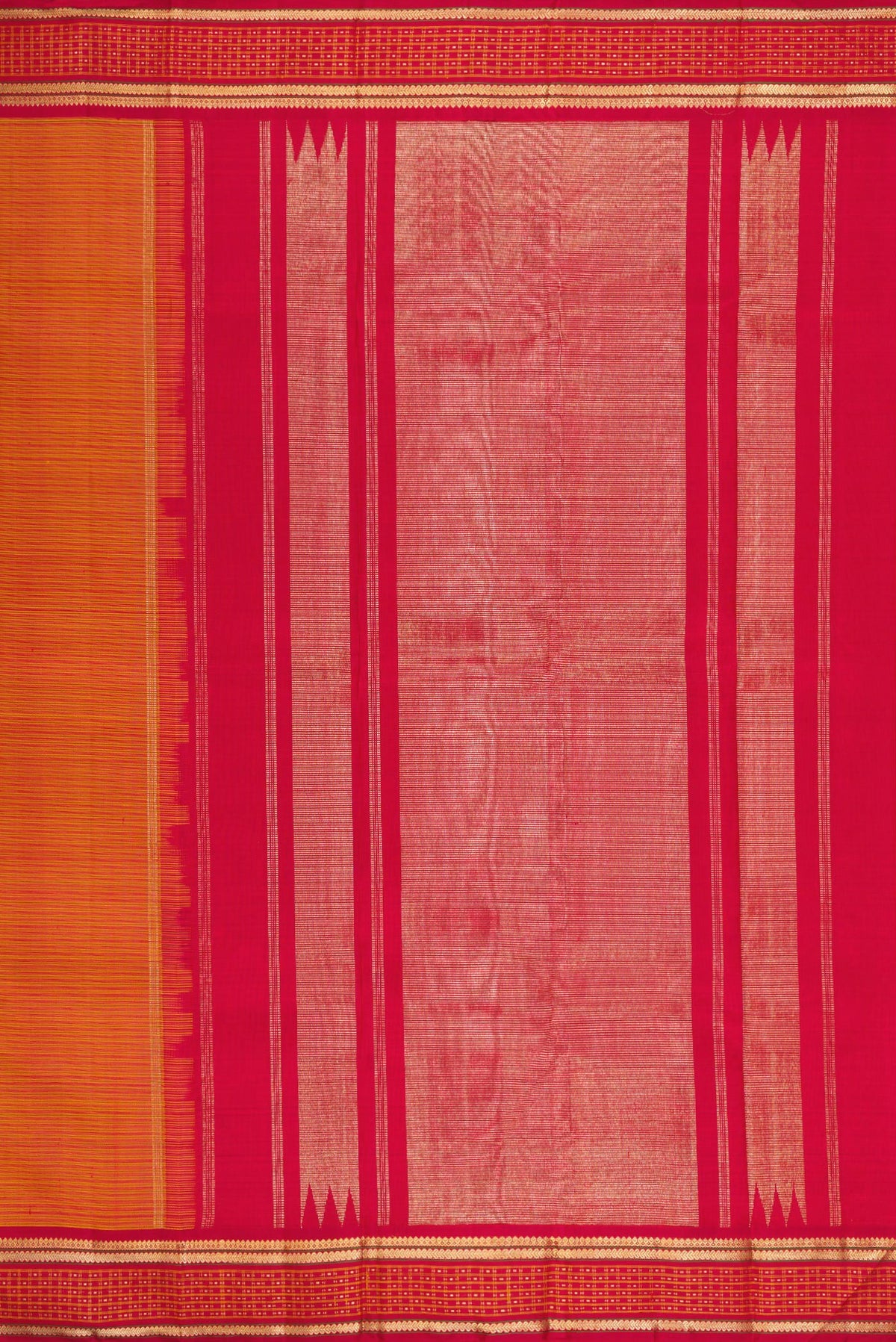 Close up image of the pallu of Pure Silk Pure Zari Mustard Kanjivaram Saree with Stripes on the body and Fancy Border. 