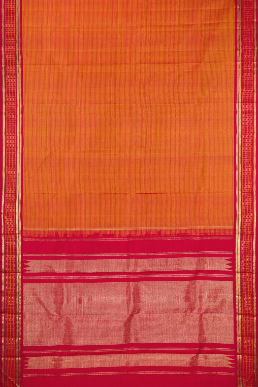 Flat view of Pure Silk Pure Zari Mustard Kanjivaram Saree with Stripes on the body and Fancy Border. 