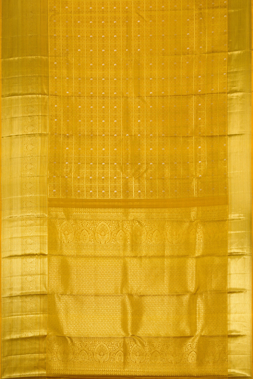 Flat view of Gold Dual Tone Kanchipuram Silk Saree with Zari Brocade on the body and Zari Border. 