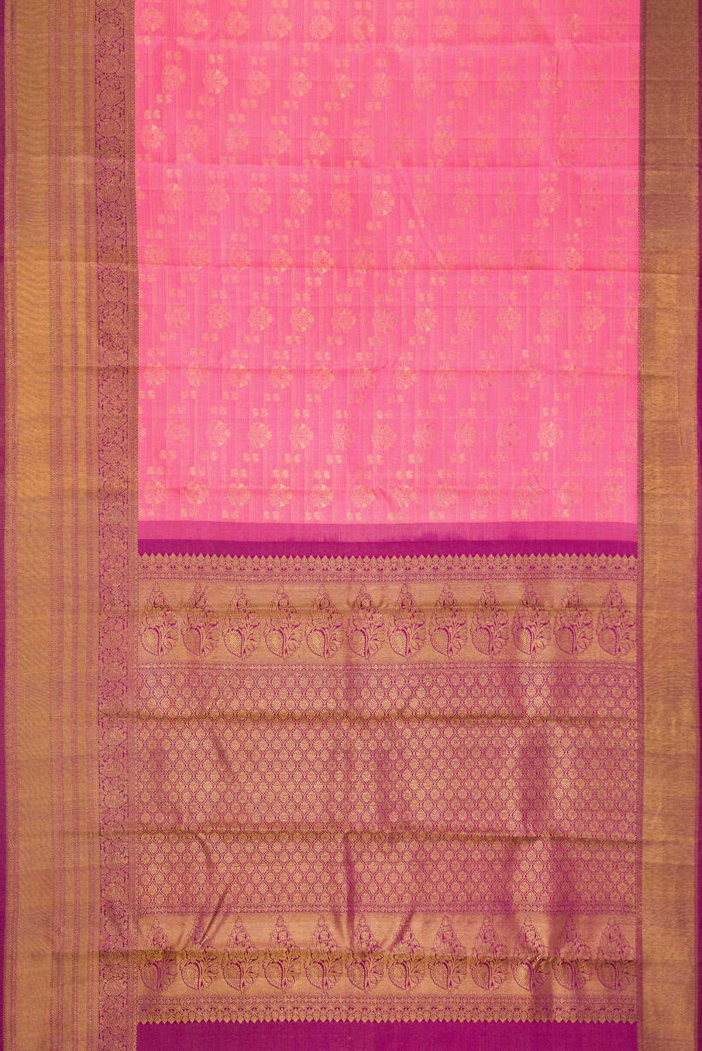 Flat view of Pink Dual Tone Kanchipuram Silk Saree with Zari Brocade on the body and Zari Border. 