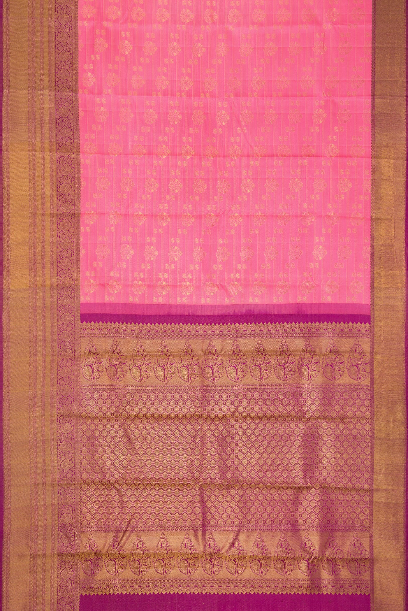Flat view of Pink Dual Tone Kanchipuram Silk Saree with Zari Brocade on the body and Zari Border. 