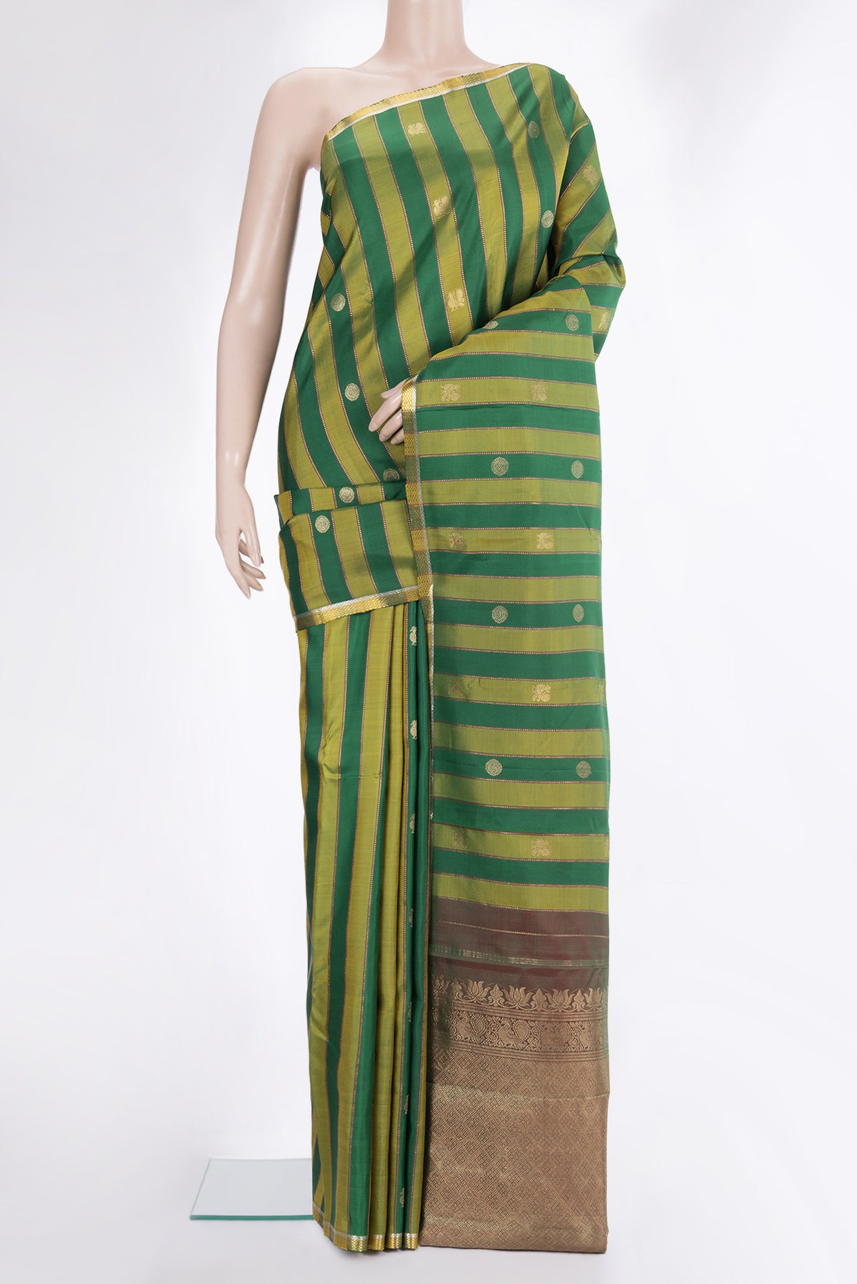 Pure Silk Green Dual Tone Kanjivaram Saree with Stripes on the body and Zari Border.  displayed on a mannequin