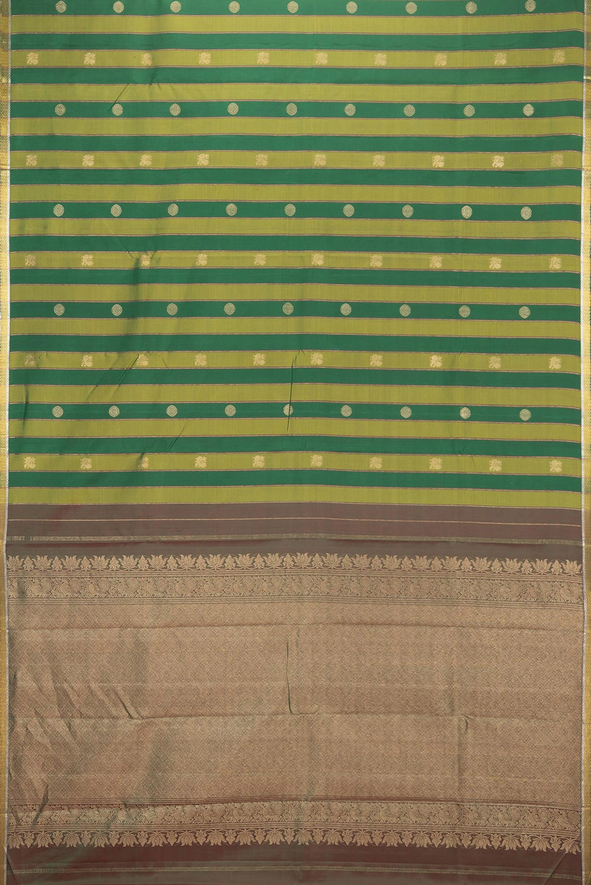 Flat view of Pure Silk Green Dual Tone Kanjivaram Saree with Stripes on the body and Zari Border. 
