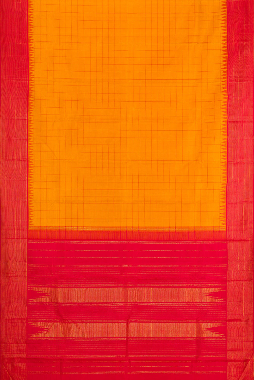 Flat view of Mustard Kanjivaram Silk Saree with Checked design on the body and Zari Border. 