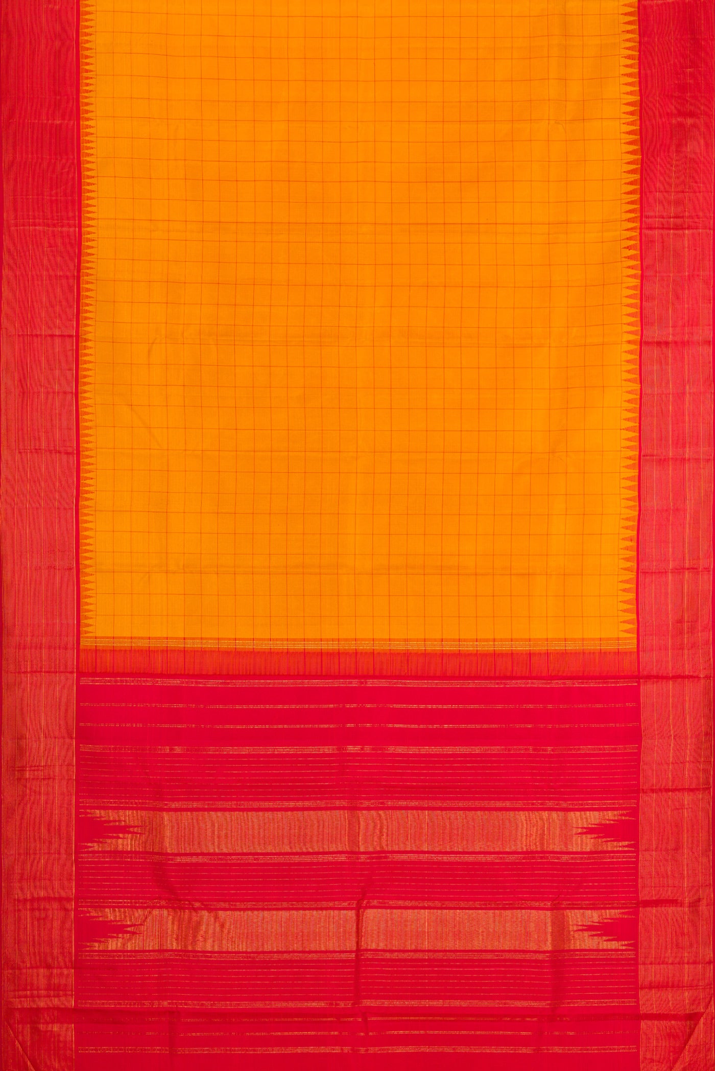 Flat view of Mustard Kanjivaram Silk Saree with Checked design on the body and Zari Border. 