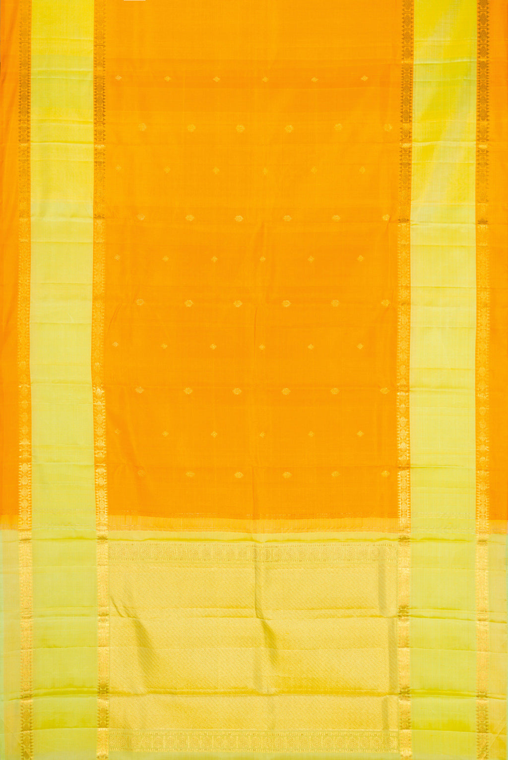 Flat view of Pure Silk Pure Zari Yellow Dual Tone Kanjivaram Saree with Zari Butta on the body and Zari Border. 