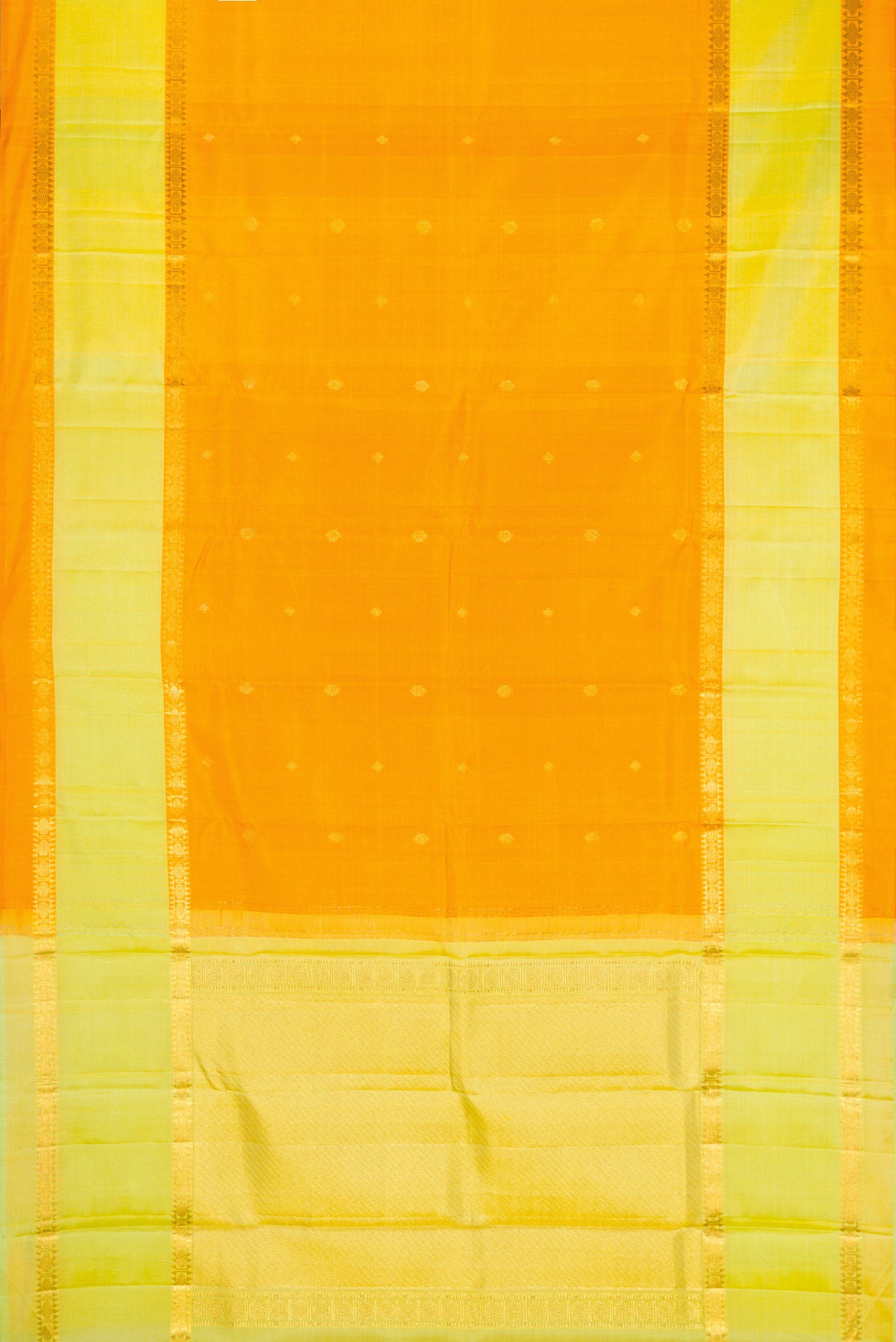 Flat view of Pure Silk Pure Zari Yellow Dual Tone Kanjivaram Saree with Zari Butta on the body and Zari Border. 