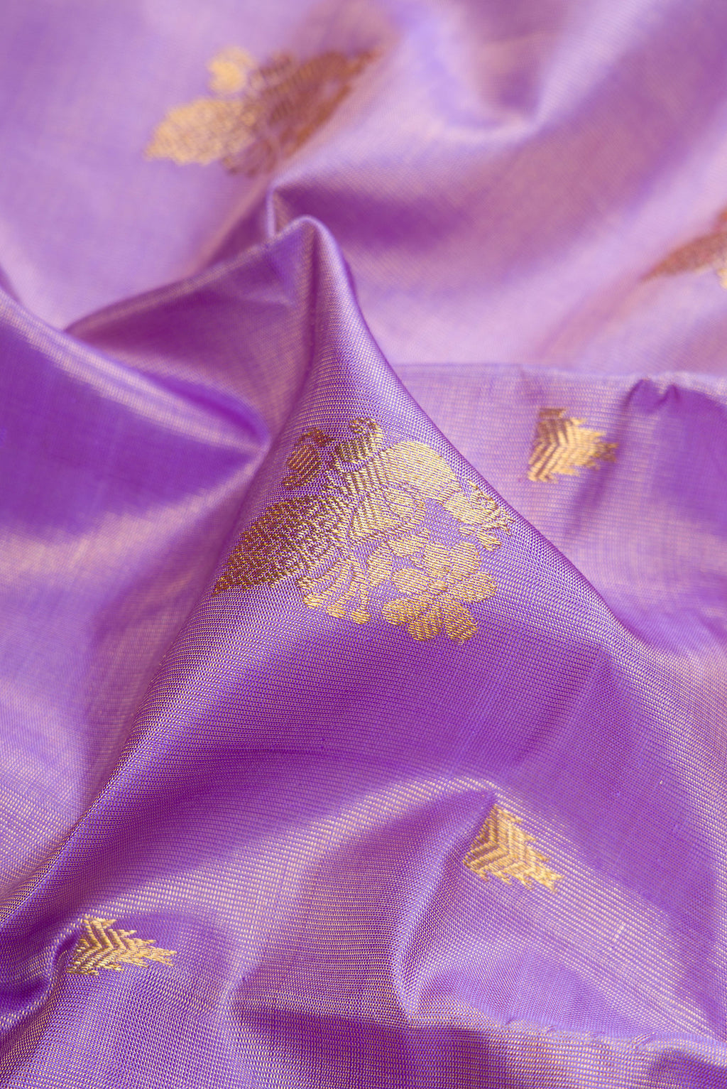Close up of Lavender Kanchipuram Silk Saree with Zari Butta on the body and Fancy Border.  displaying folds