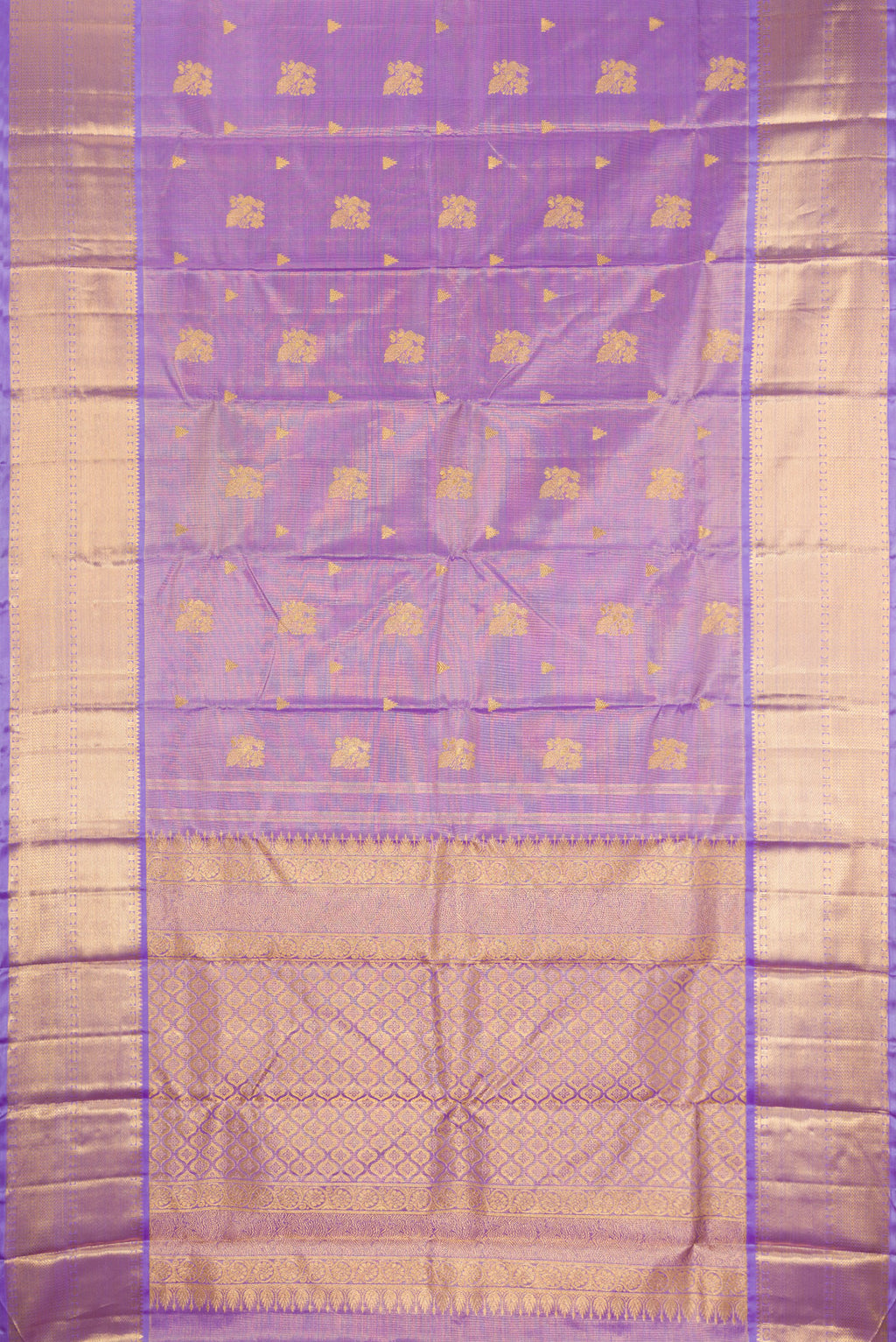 Flat view of Lavender Kanchipuram Silk Saree with Zari Butta on the body and Fancy Border. 