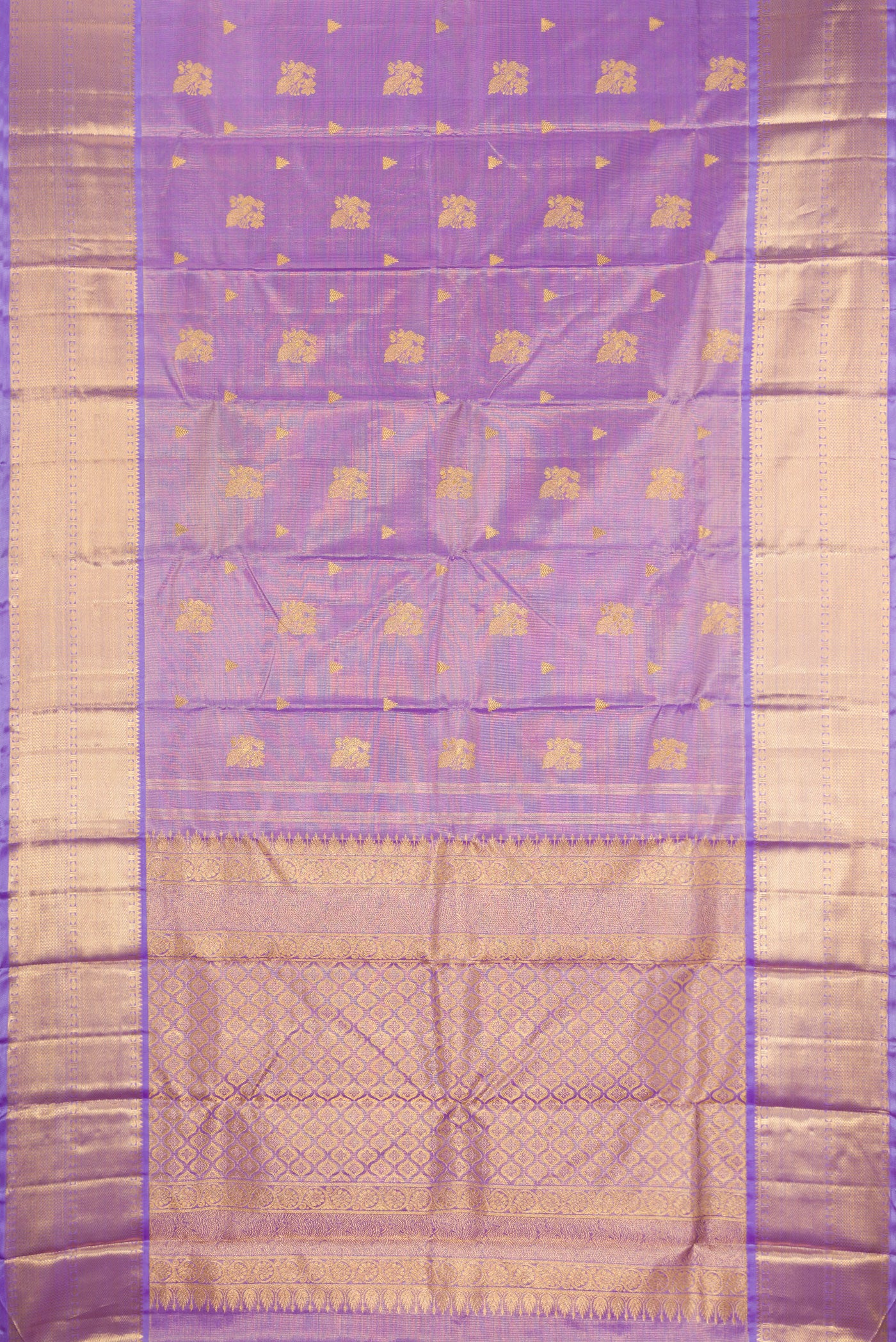 Flat view of Lavender Kanchipuram Silk Saree with Zari Butta on the body and Fancy Border. 