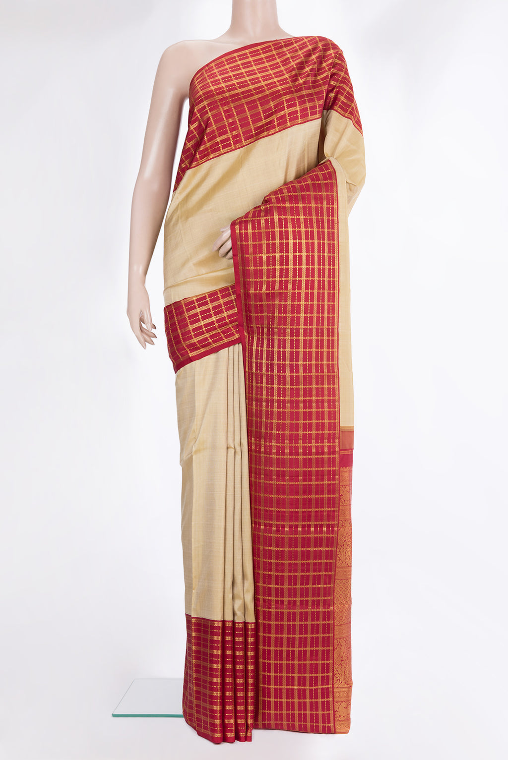 Pure Silk Beige Dual Tone Kanchipuram Saree with Plain Body and Checks Border.  displayed on a mannequin