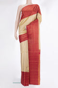 Pure Silk Beige Dual Tone Kanchipuram Saree with Plain Body and Checks Border.  displayed on a mannequin