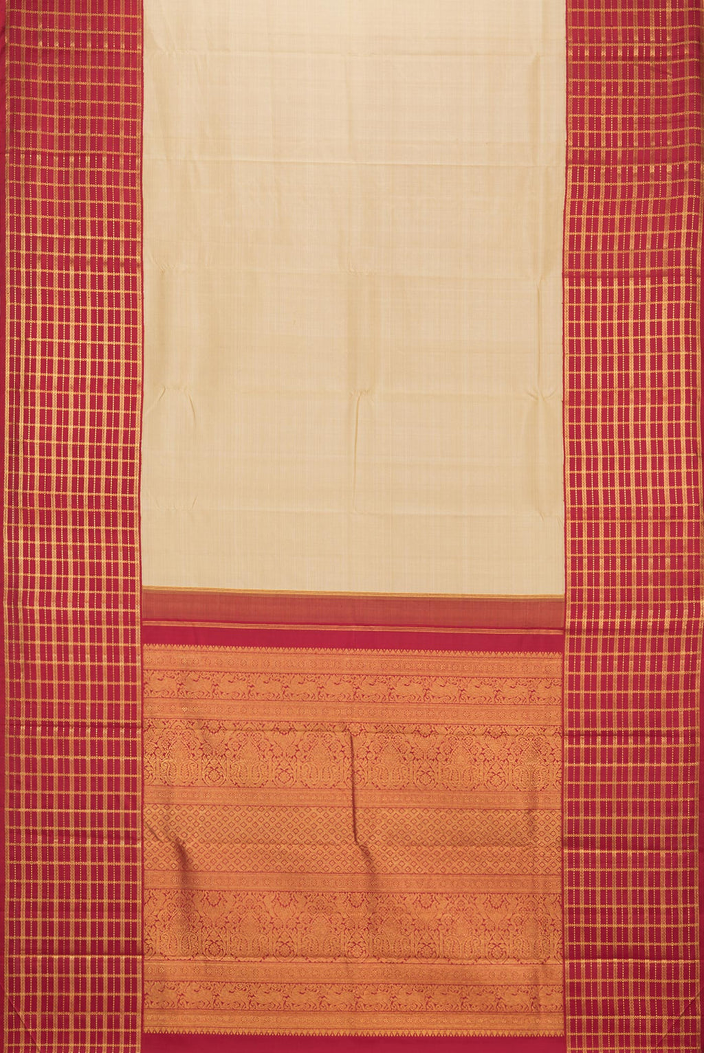 Flat view of Pure Silk Beige Dual Tone Kanchipuram Saree with Plain Body and Checks Border. 