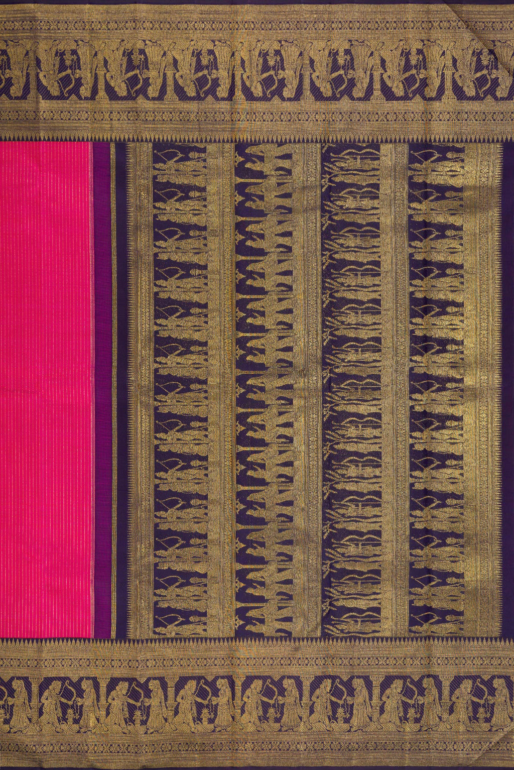 Close up image of the pallu of Rani Pink Kanchipuram Silk Saree with Stripes on the body and Fancy Border. 