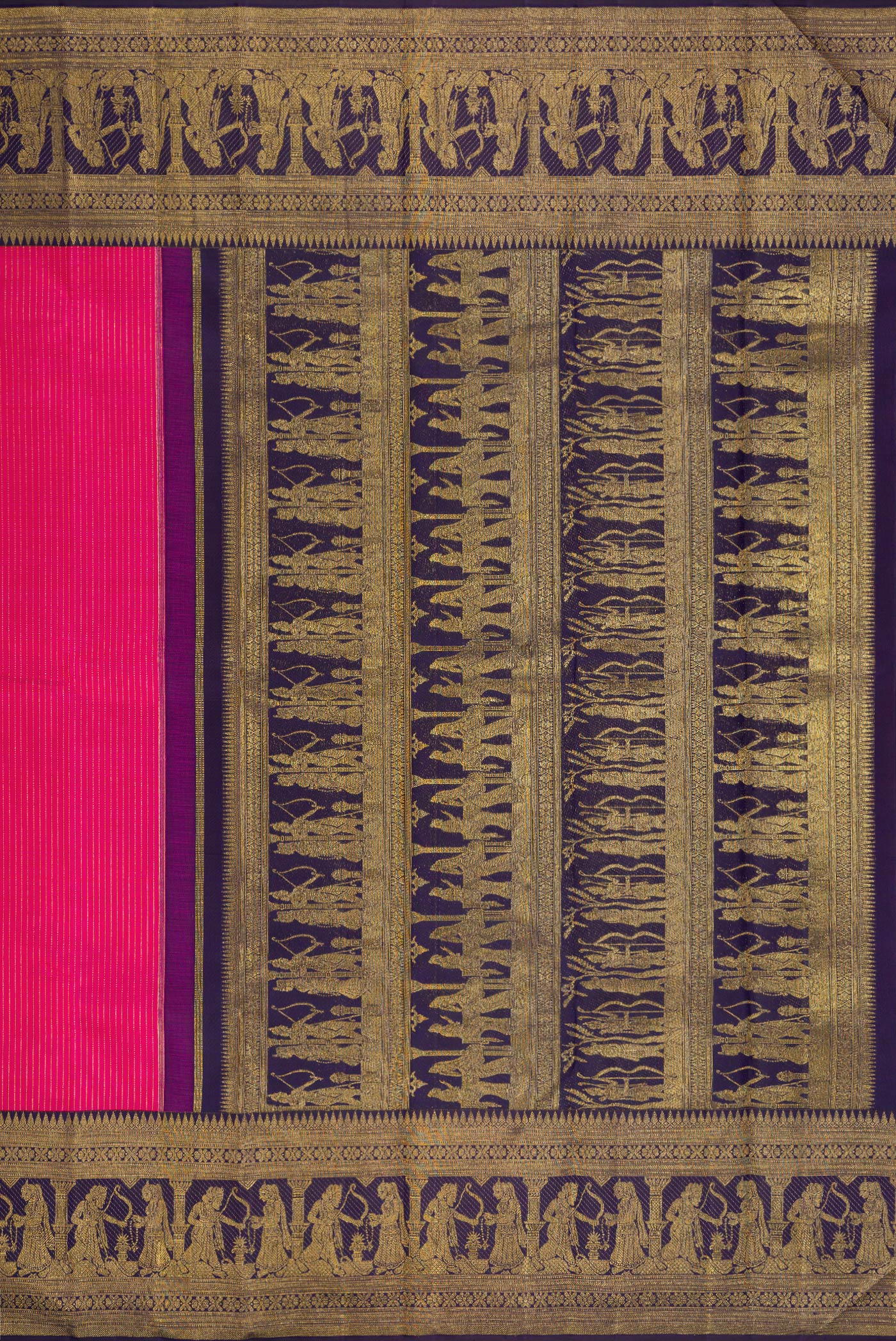 Close up image of the pallu of Rani Pink Kanchipuram Silk Saree with Stripes on the body and Fancy Border. 