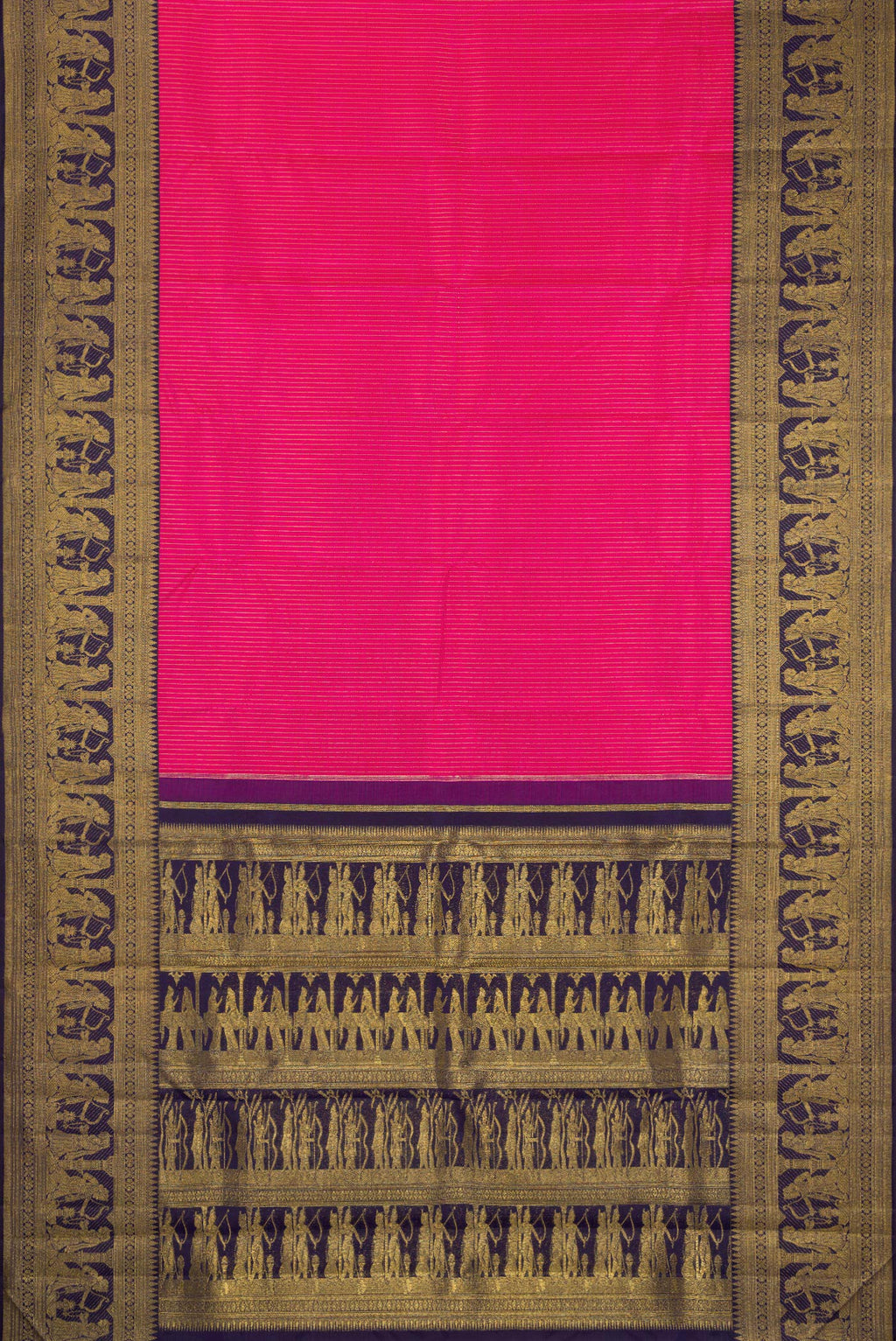 Flat view of Rani Pink Kanchipuram Silk Saree with Stripes on the body and Fancy Border. 