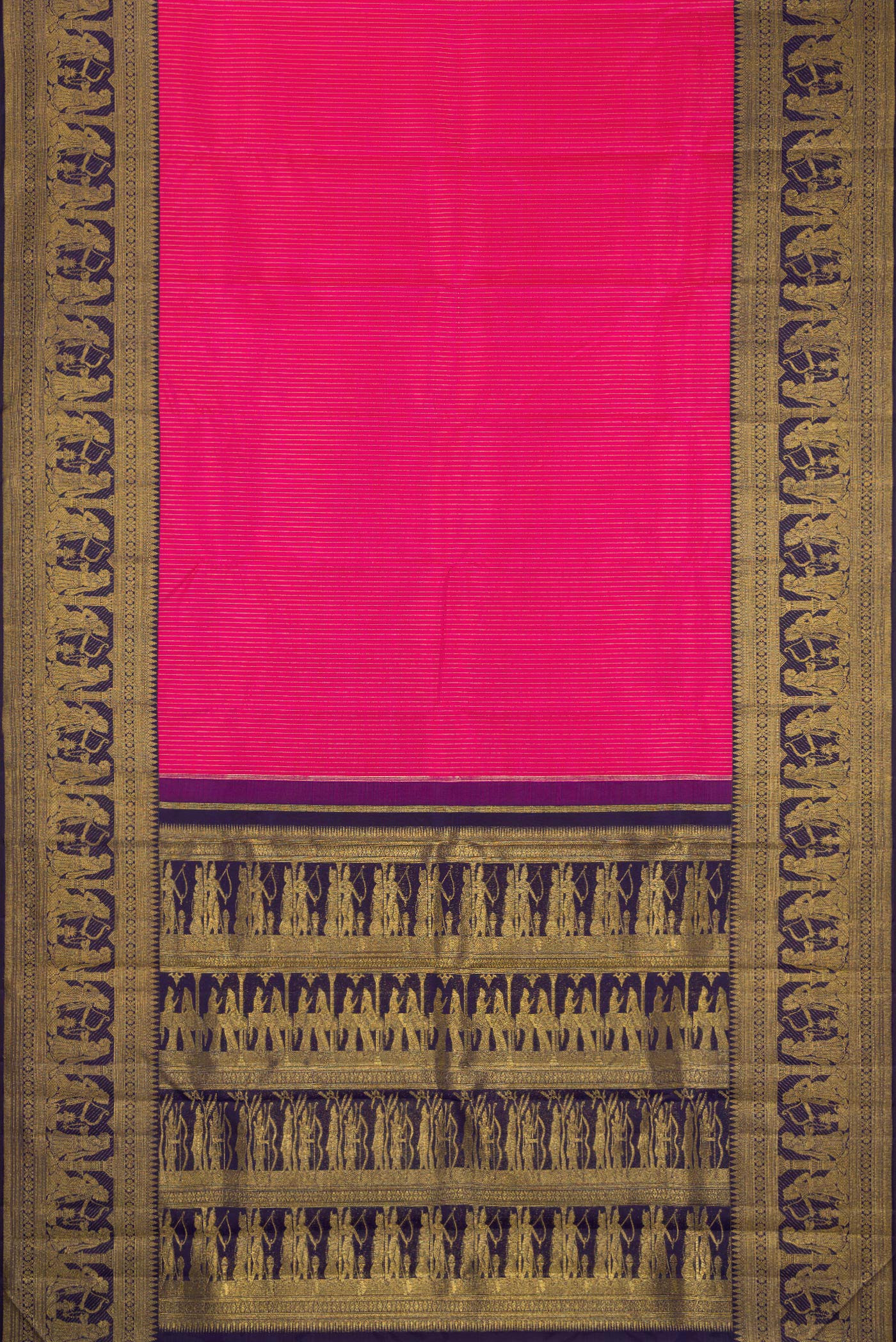 Flat view of Rani Pink Kanchipuram Silk Saree with Stripes on the body and Fancy Border. 