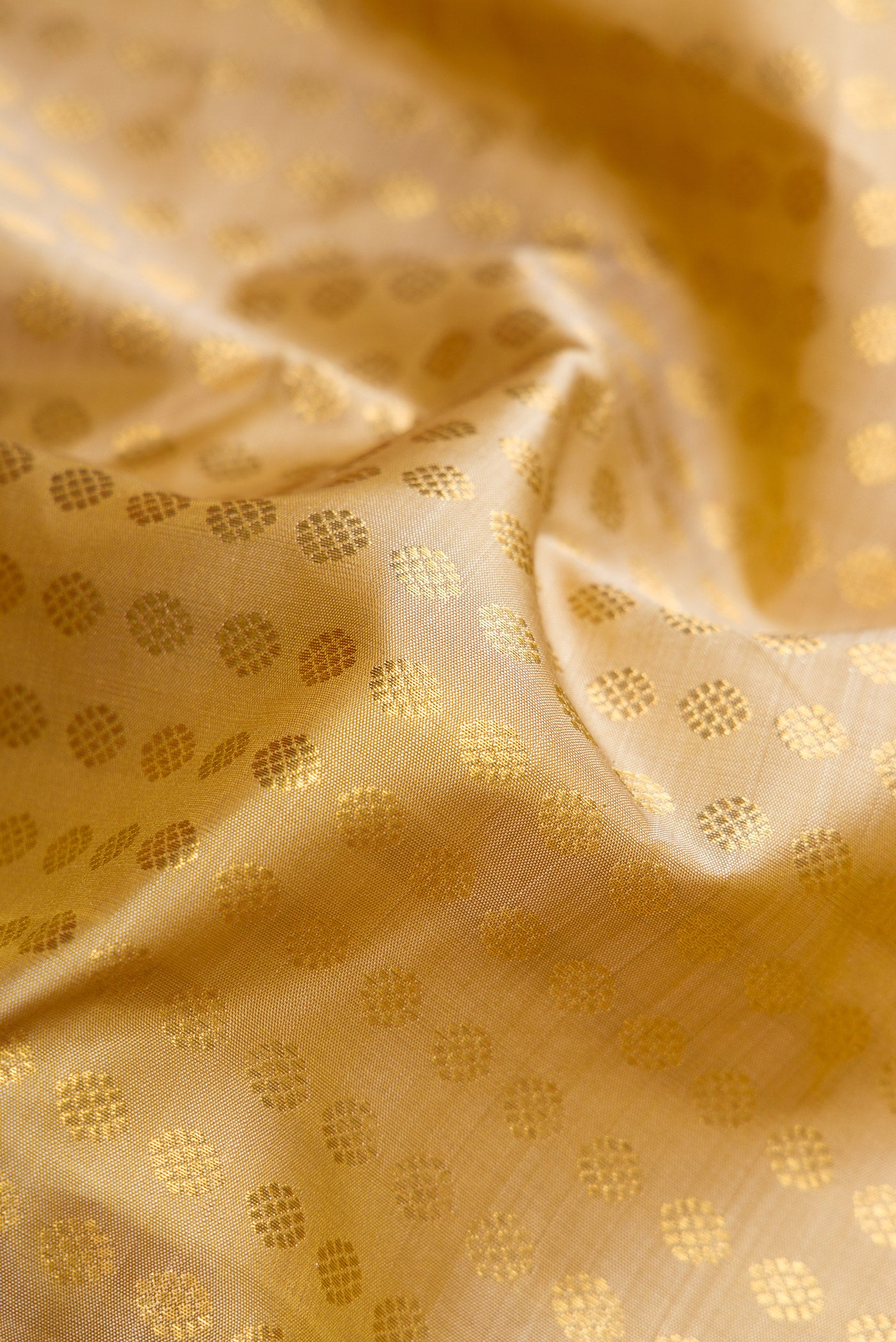 Close up of Sandal Dual Tone Kanchipuram Silk Saree with Zari Butta on the body and Zari Border.  displaying folds