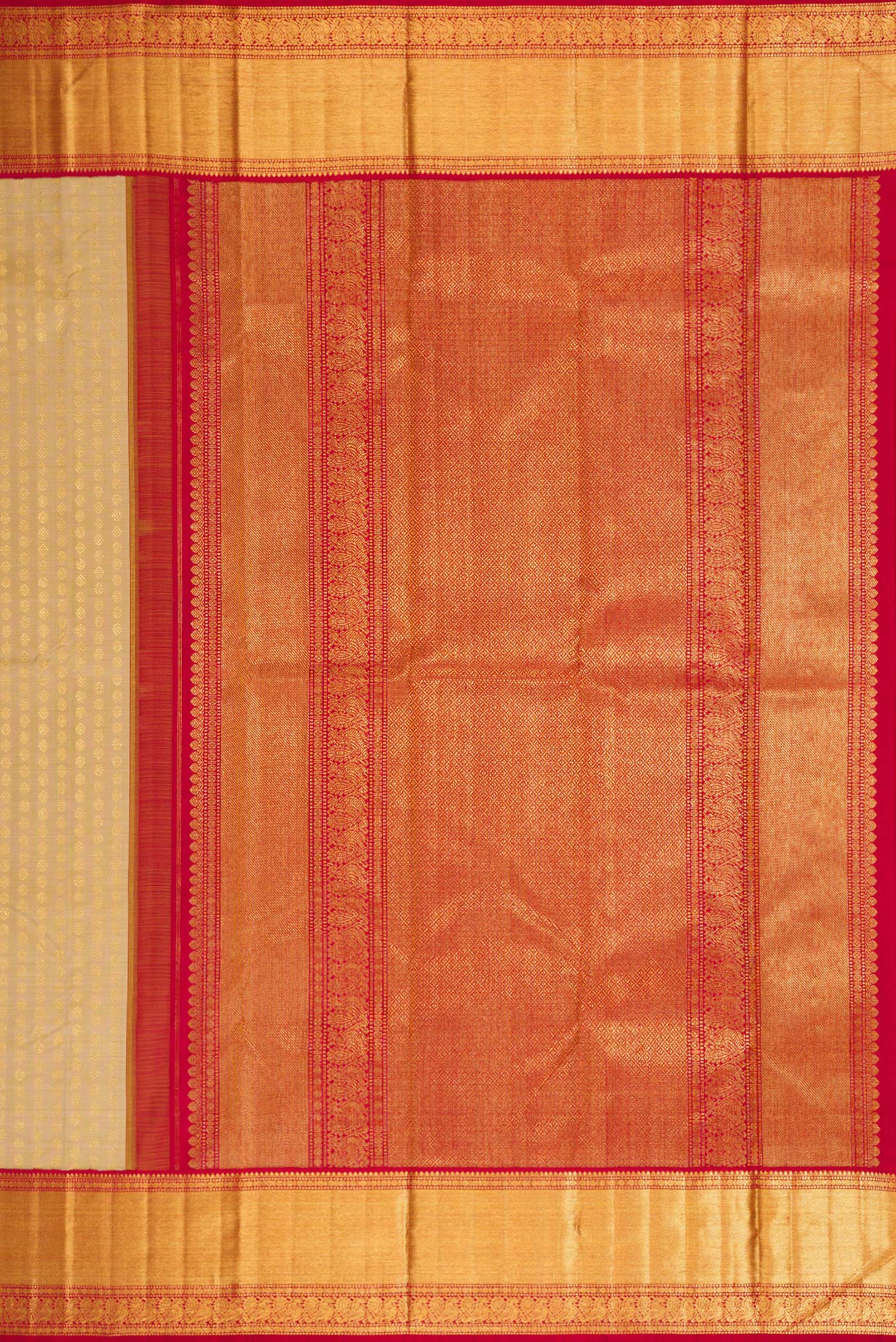 Close up image of the pallu of Sandal Dual Tone Kanchipuram Silk Saree with Zari Butta on the body and Zari Border. 