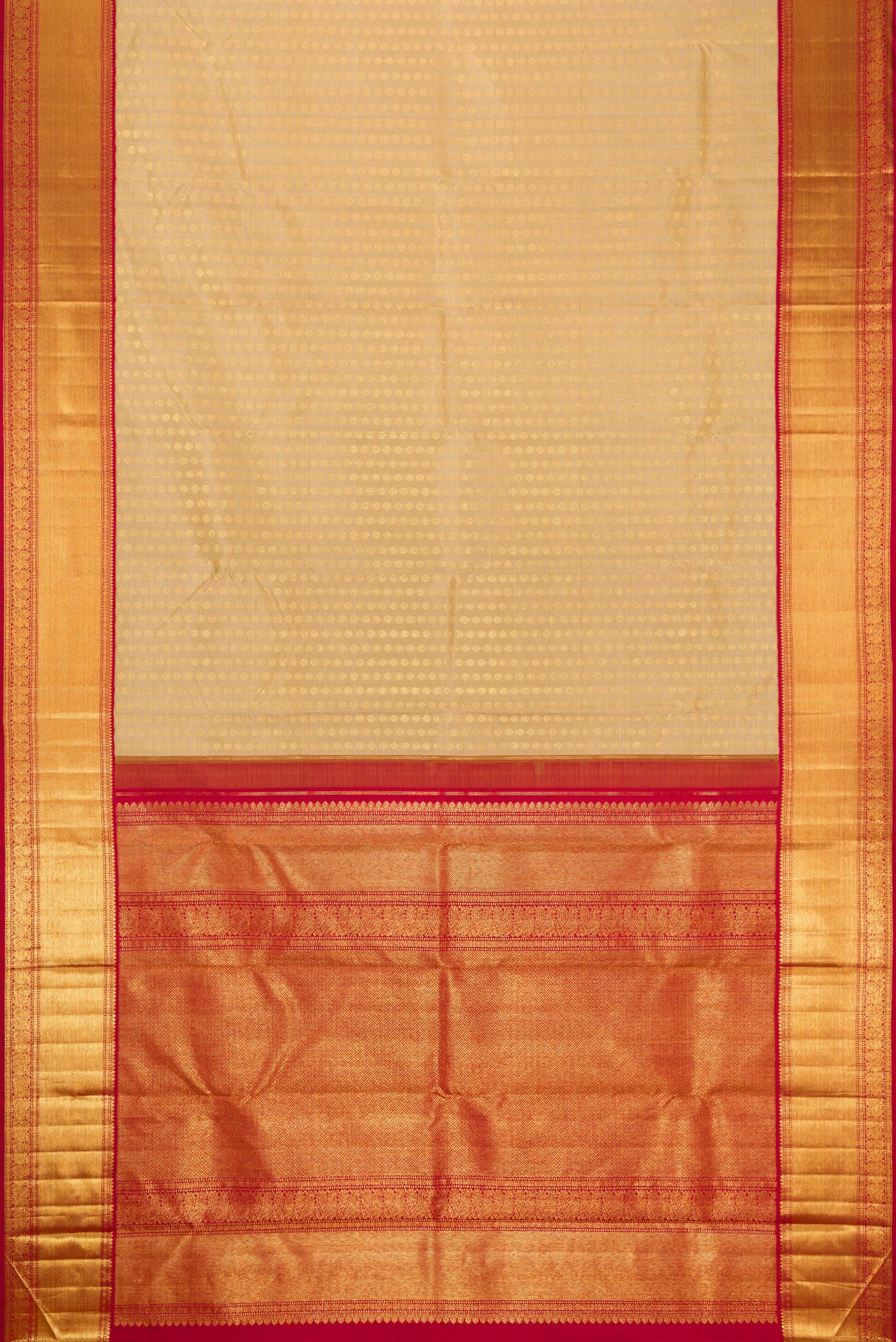 Flat view of Sandal Dual Tone Kanchipuram Silk Saree with Zari Butta on the body and Zari Border. 
