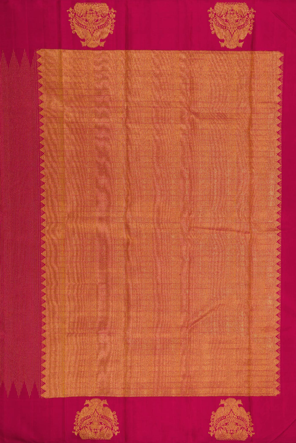 Close up image of the pallu of Pure Silk Pure Zari Magenta Dual Tone Kanjivaram Saree with Zari Brocade on the body and Fancy Border. 