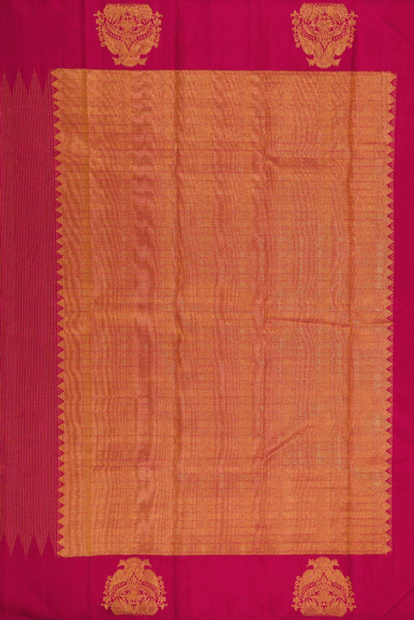Close up image of the pallu of Pure Silk Pure Zari Magenta Dual Tone Kanjivaram Saree with Zari Brocade on the body and Fancy Border. 