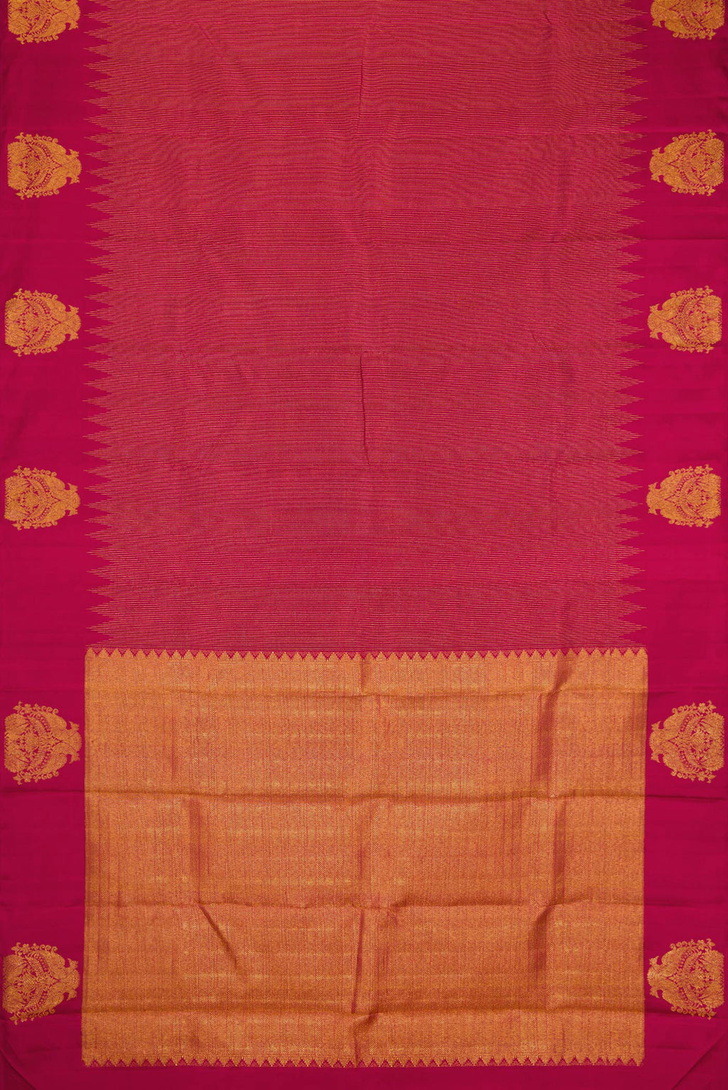Flat view of Pure Silk Pure Zari Magenta Dual Tone Kanjivaram Saree with Zari Brocade on the body and Fancy Border. 