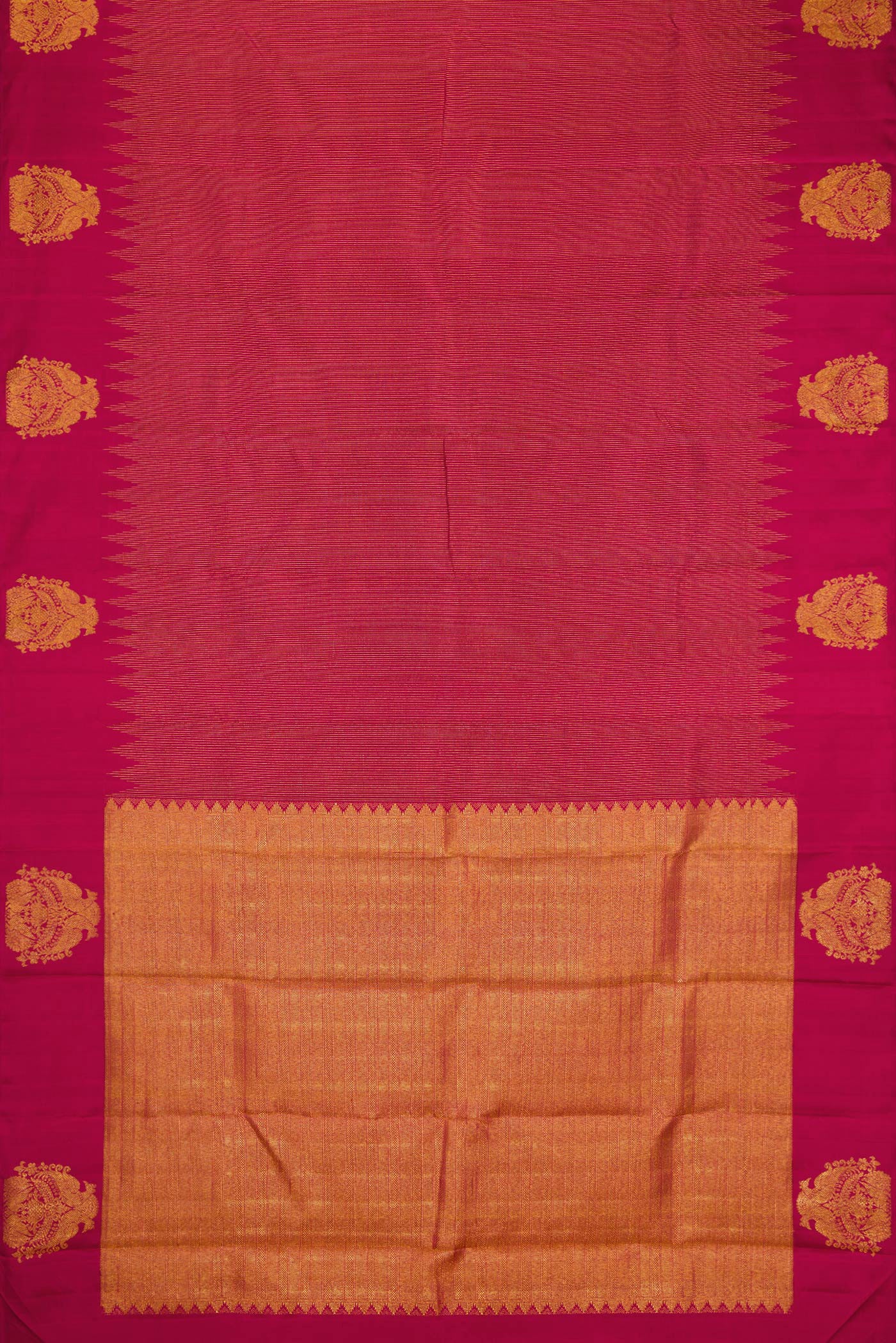Flat view of Pure Silk Pure Zari Magenta Dual Tone Kanjivaram Saree with Zari Brocade on the body and Fancy Border. 