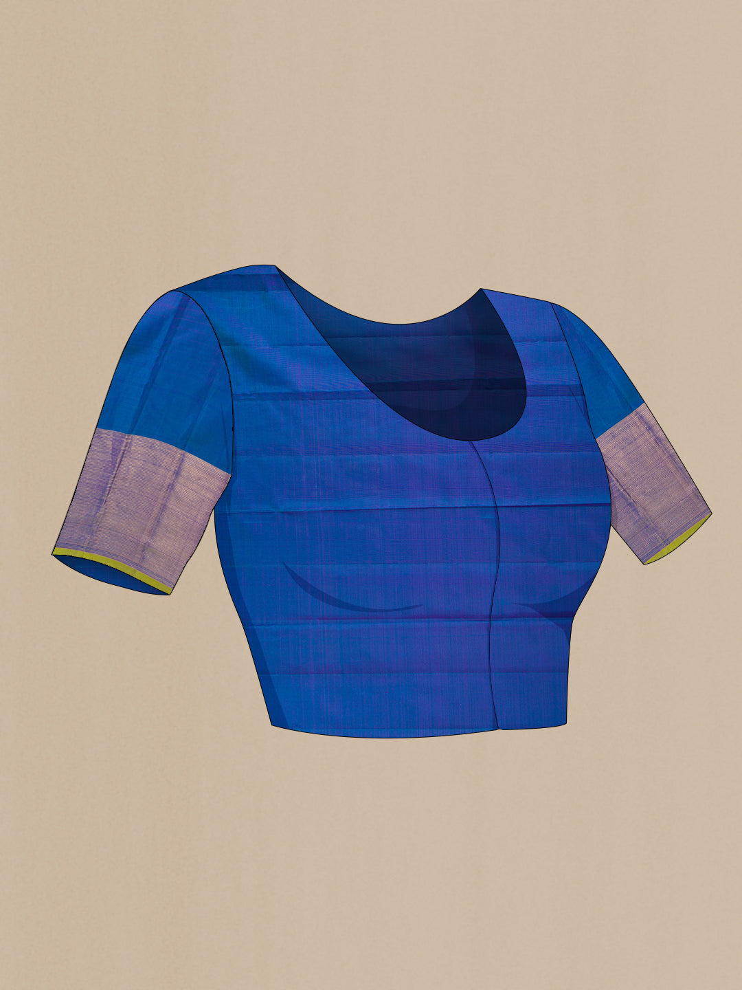 Close up image of the blouse of Royal Blue Dual Tone Kanjivaram Silk Saree with Zari Butta on the body and Zari Border. 