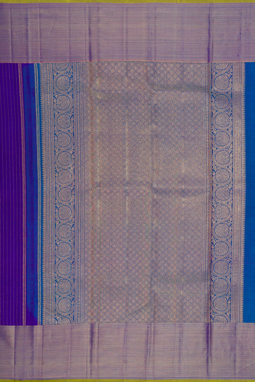 Close up image of the pallu of Royal Blue Dual Tone Kanjivaram Silk Saree with Zari Butta on the body and Zari Border. 