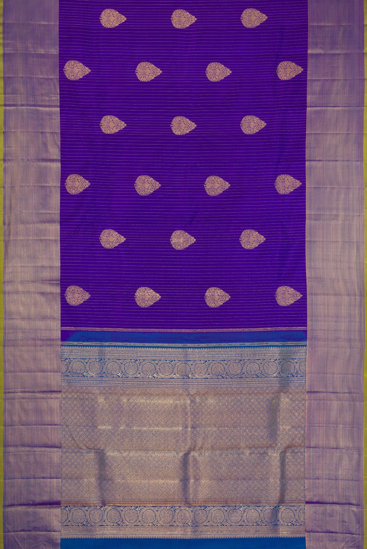 Flat view of Royal Blue Dual Tone Kanjivaram Silk Saree with Zari Butta on the body and Zari Border. 