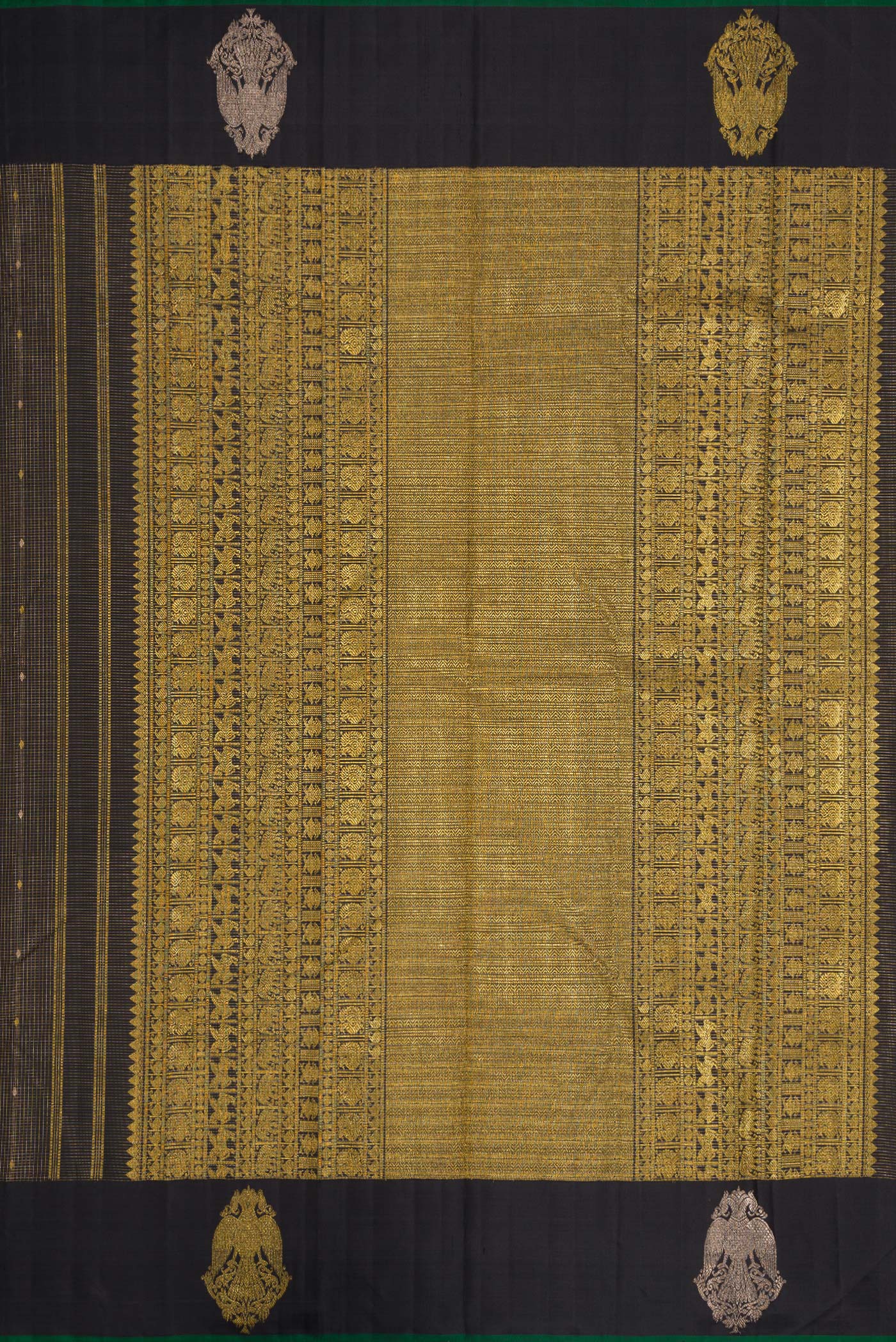 Close up image of the pallu of Pure Silk Pure Zari Black Dual Tone Kanjivaram Saree with Zari Butta on the body and Zari Border. 