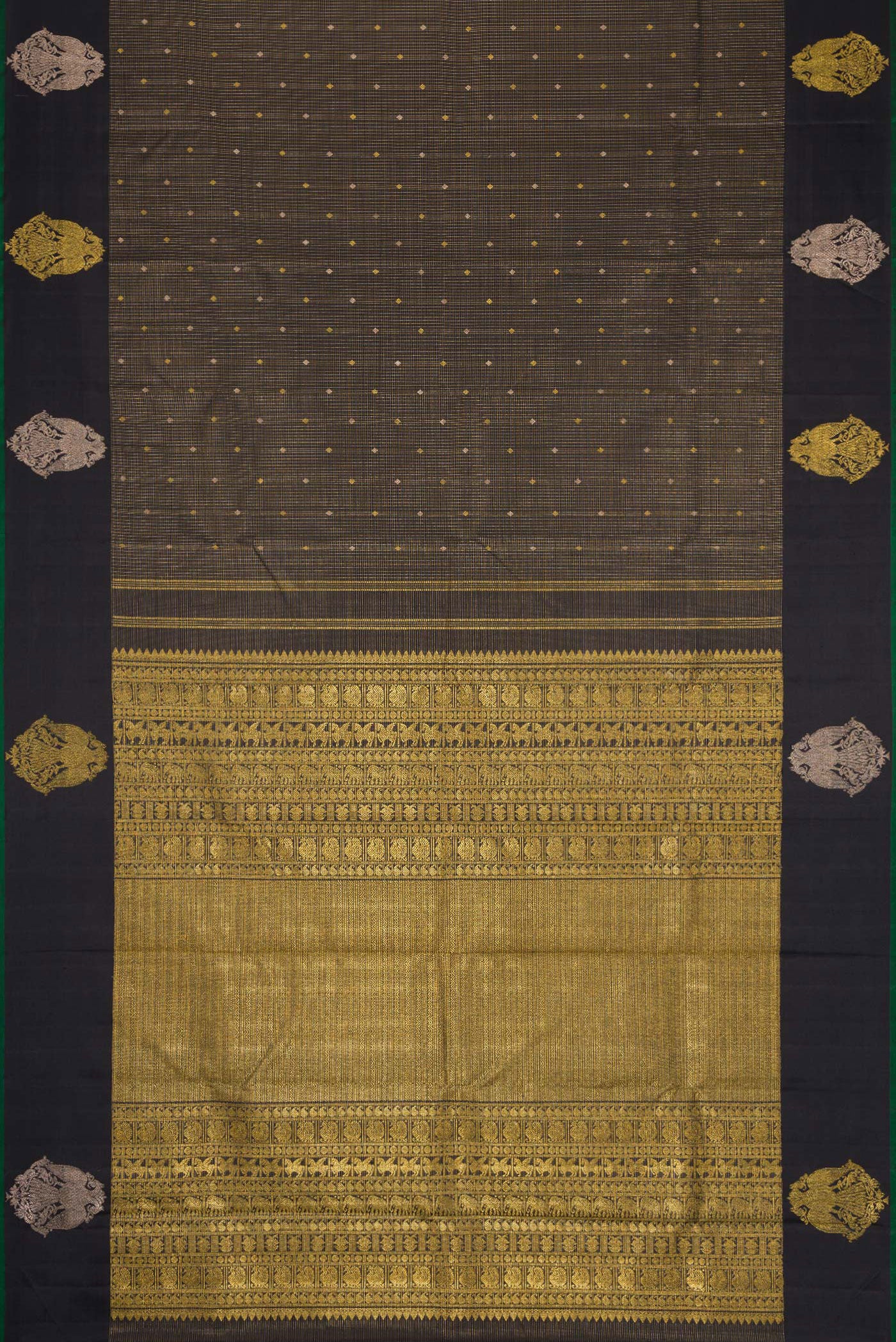 Flat view of Pure Silk Pure Zari Black Dual Tone Kanjivaram Saree with Zari Butta on the body and Zari Border. 