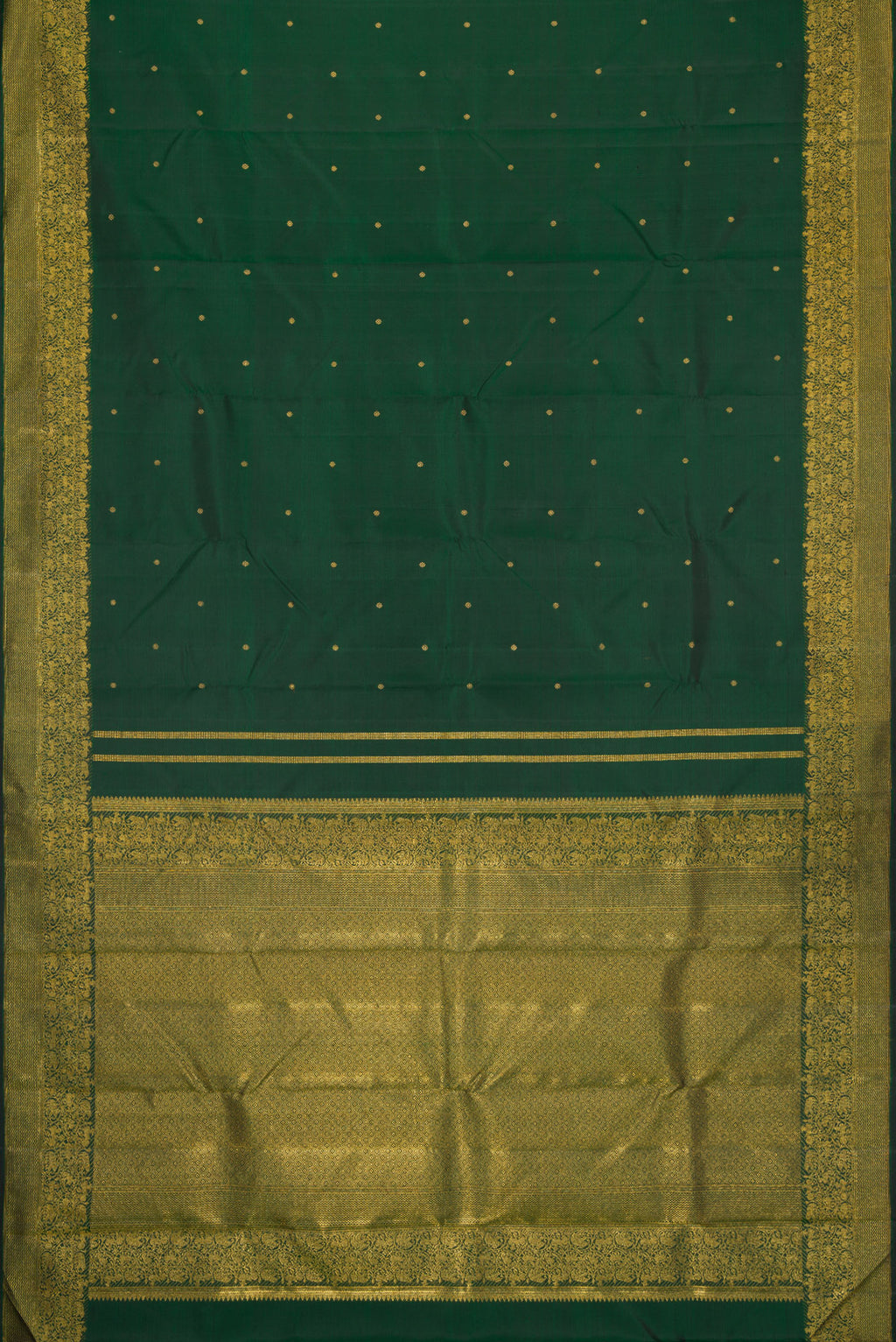 Flat view of Green Dual Tone Kanjivaram Silk Saree with Zari Butta on the body and Zari Border. 