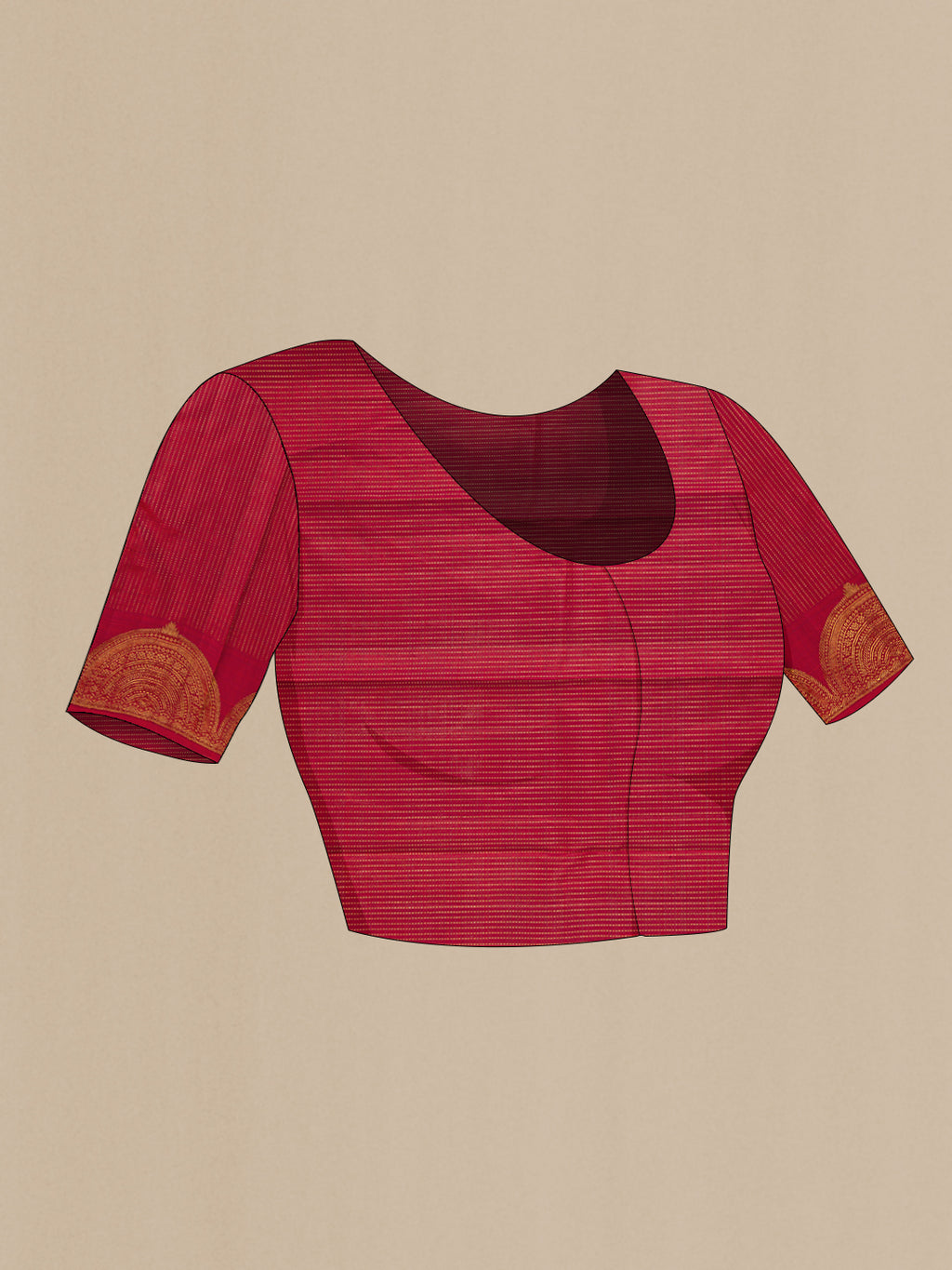 Close up image of the blouse of Pure Silk Pure Zari Maroon Dual Tone Kanjivaram Saree with Zari Butta on the body and Fancy Border. 