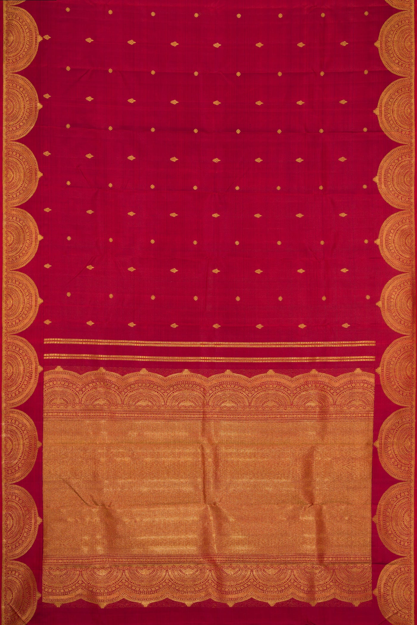 Flat view of Pure Silk Pure Zari Maroon Dual Tone Kanjivaram Saree with Zari Butta on the body and Fancy Border. 