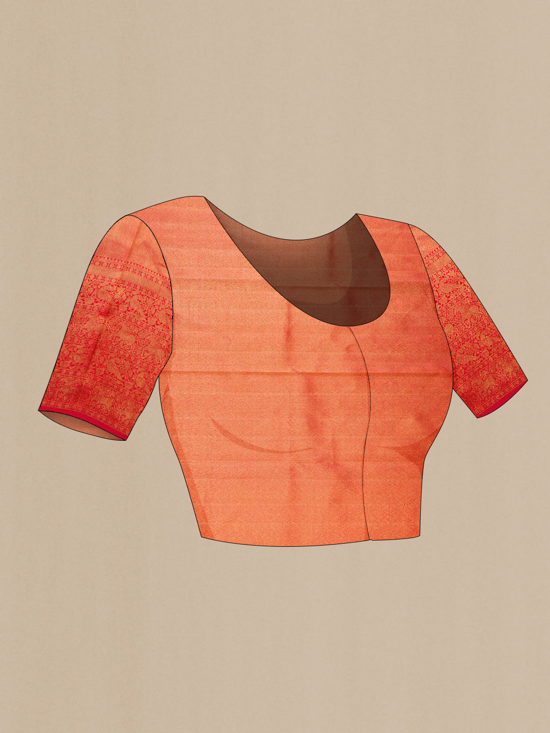 Close up image of the blouse of Red Dual Tone Kanchipuram Silk Saree with Zari Brocade on the body and Zari Border. 