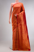 Red Dual Tone Kanchipuram Silk Saree with Zari Brocade on the body and Zari Border.  displayed on a mannequin