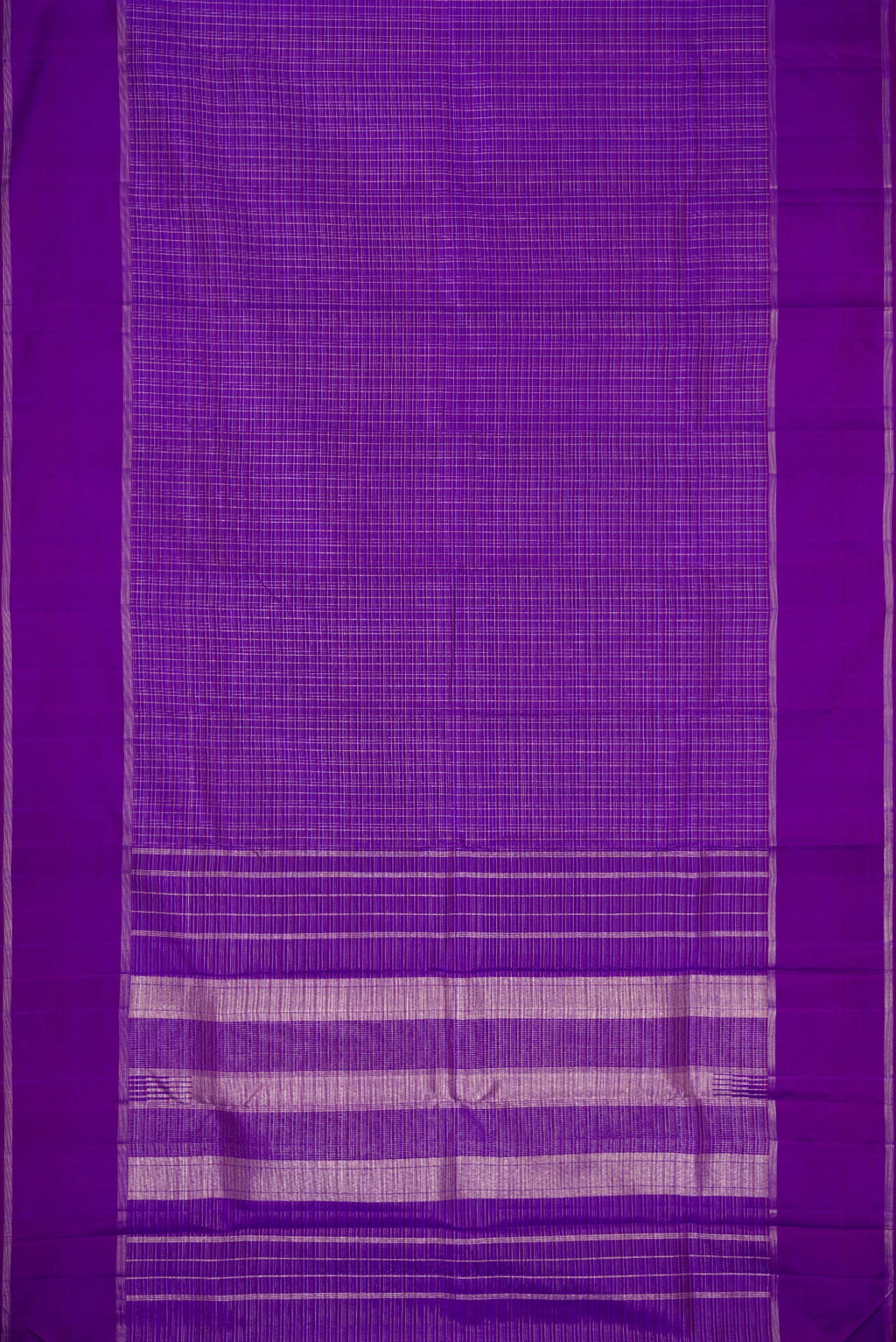 Flat view of Royal Blue Dual Tone Kanchipuram Silk Saree with Checked design on the body and Zari Border. 